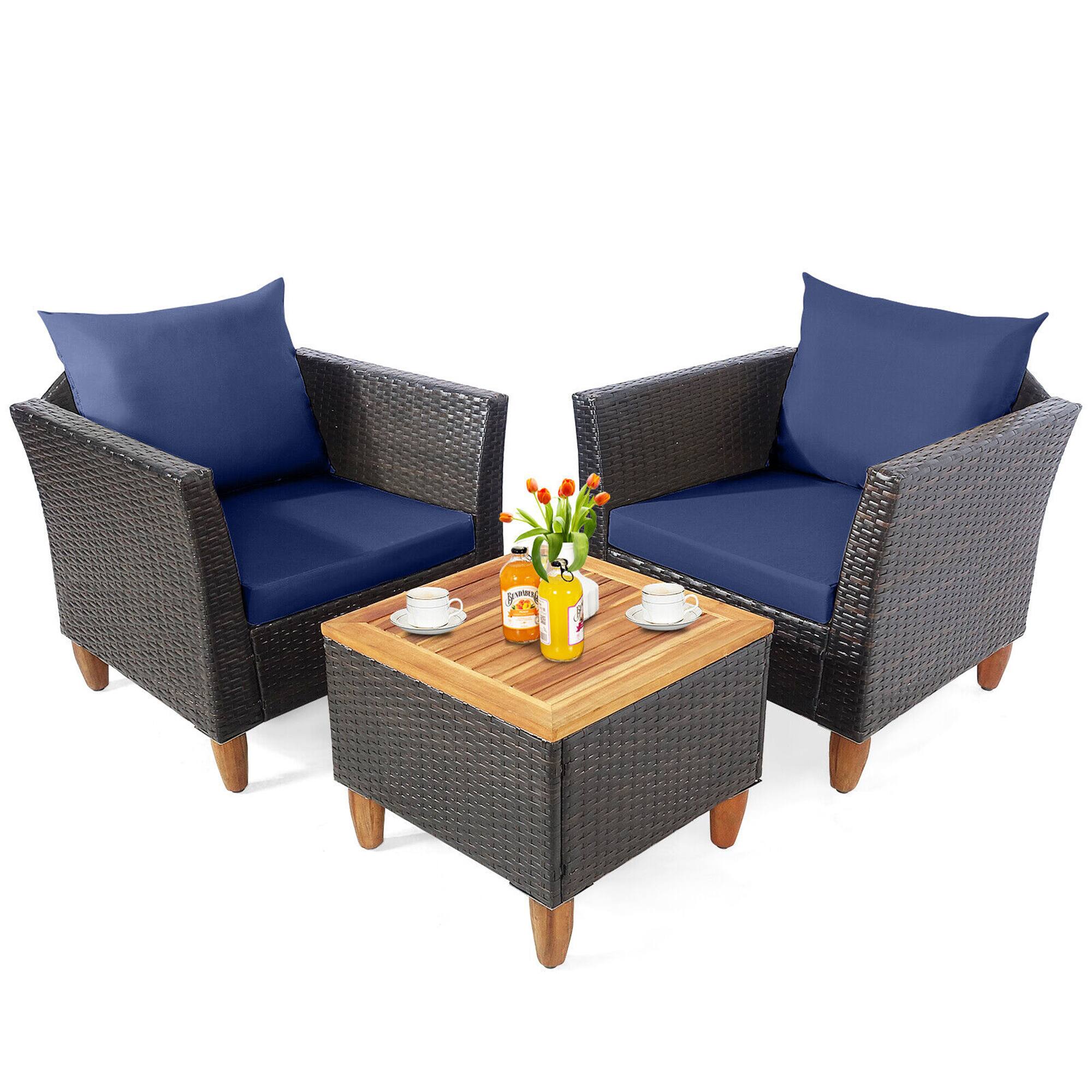 Alt View 1. Gymax - Gymax 3PCS Patio Furniture Set Conversation Bistro Set w/ Acacia Wood & Cushions Navy - Navy.