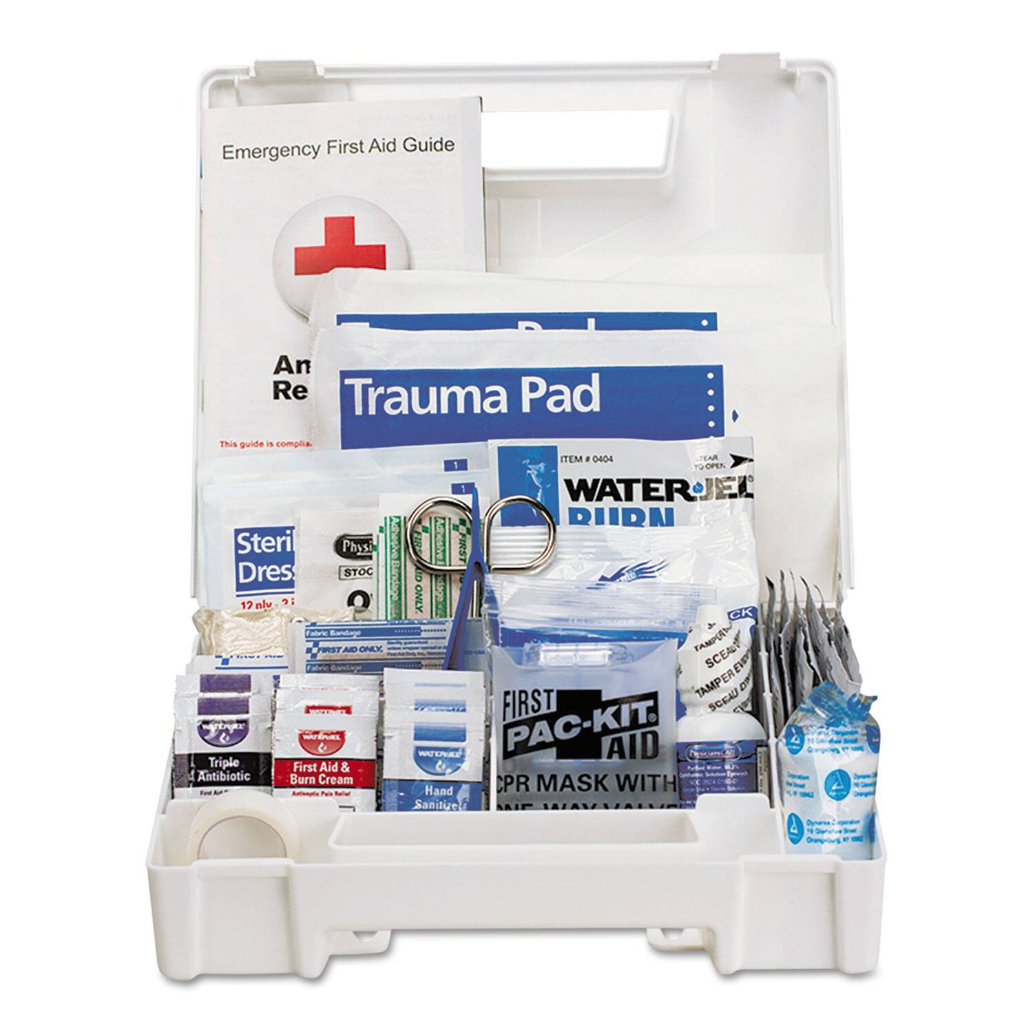 Emergency First Aid Guide  
An Re Trauma Pad  
This guide is compla  
ITEM 0404  
TA TAOEA  
1 WATERJEL DURN  
Steri Dress  
12 alu  
FIRS  
Dres  
STOC  
6 12  
al  
ONLY  
CK  
PST  
AR  
DAY  
FAMPUE  
SC EA  
EV  
TAMPER  
FIRST  
SC EA  
WATERJEL  
PAC-KIT  
AID  
Triple First Aid & Antibiotic  
Bern Cream  
Hand CPR MASK WITH  
Tas  
Salal  
Sanitize