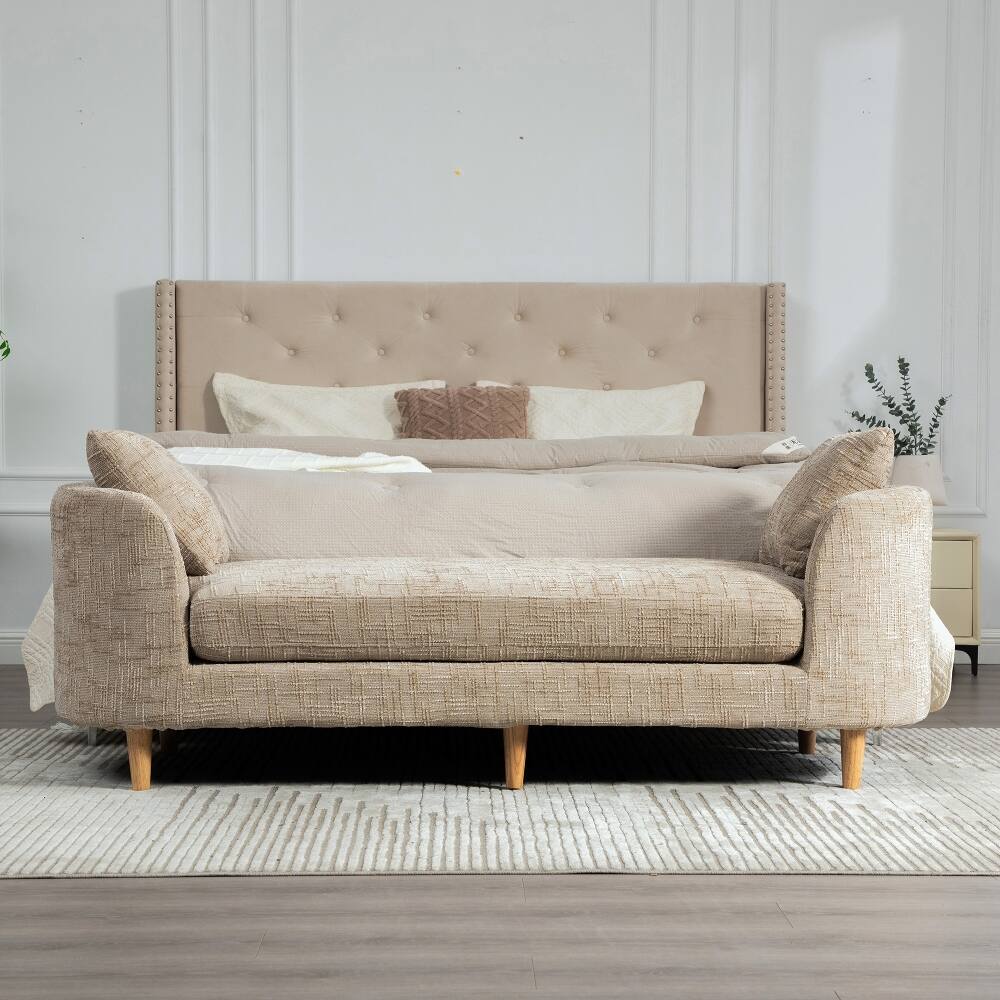 Back. Ropilly - Ropilly 77.17" Modern Upholstered End of Bed Bench, Chenille Chaise Lounge Couch with Armrests, Wheat - Wheat.