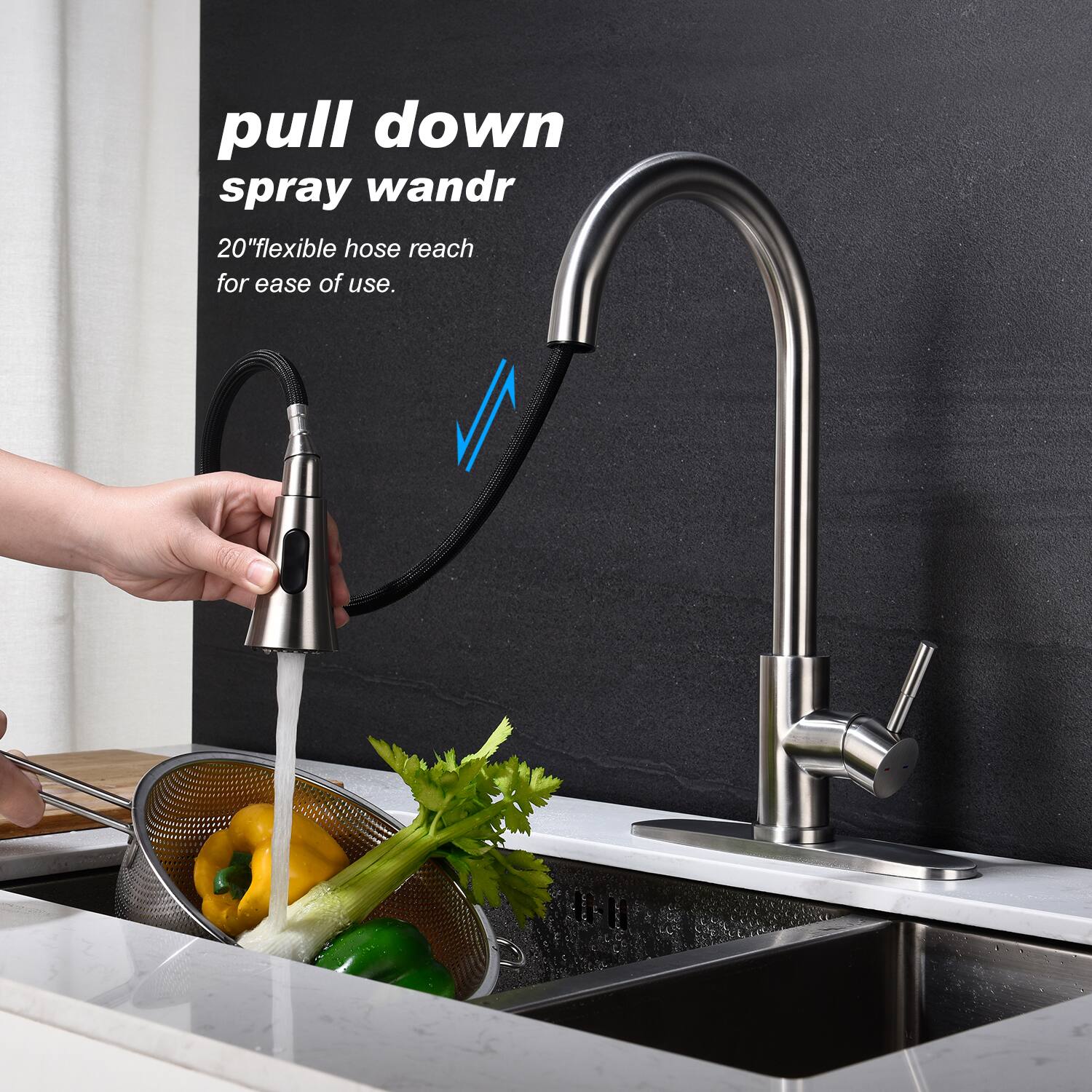 pull down spray wand  
20" flexible hose reach for ease of use.