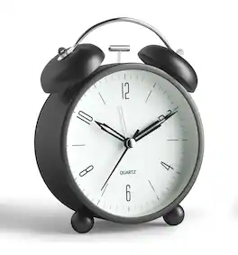 FINEAK - 4" Twin Bell Loud Silent Alarm Clock with Night Light, Battery Operated - Black