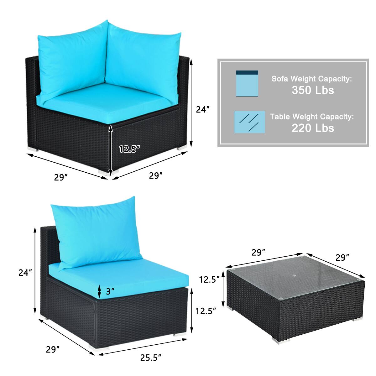 Sofa Weight Capacity: 350 Lbs  
Table Weight Capacity: 220 Lbs  

Dimensions:  
- Sofa: 29" W x 12.5" D x 24" H  
- Seat: 29" W x 25.5" D x 3" H  
- Table: 29" W x 12.5" D x 12.5" H
