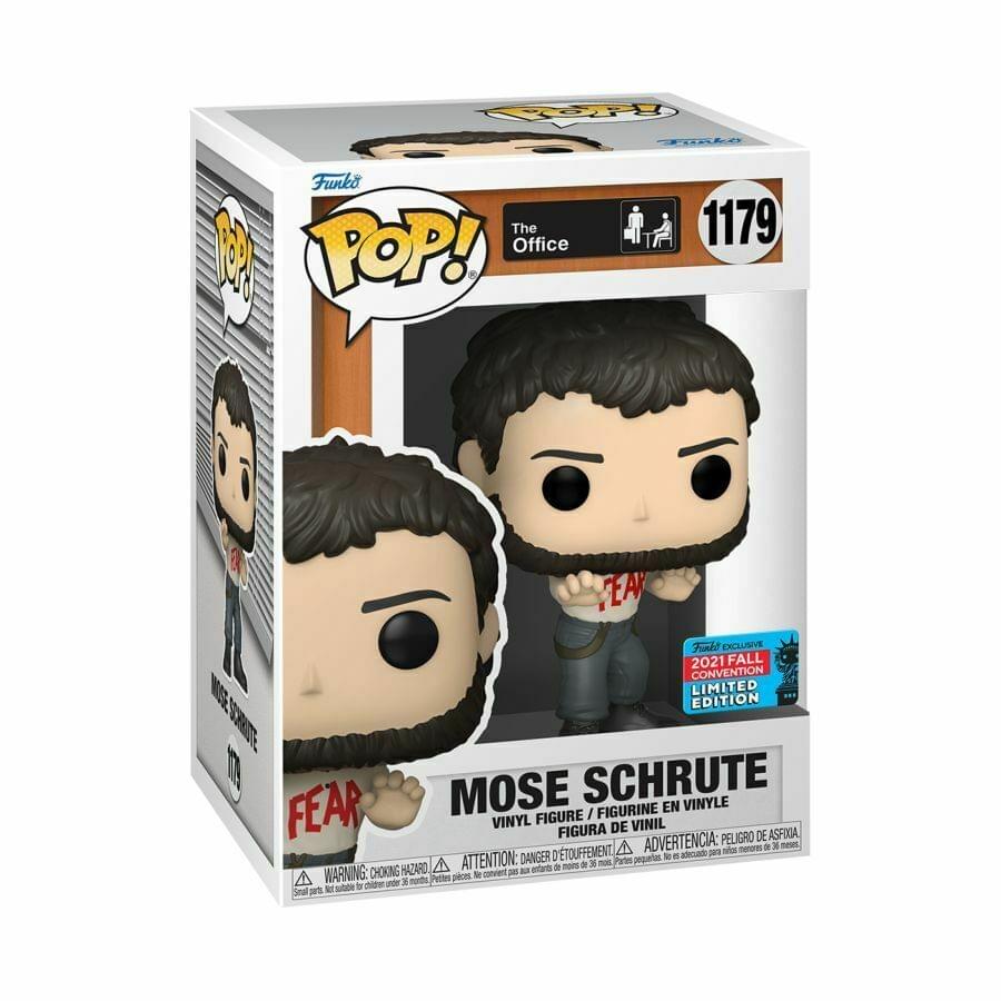 Sure, here is the corrected and grouped text from the image:

---

**Front:**
- POP!
- The Office
- 1179
- Mose Schrute
- Fear
- Funko Exclusive 2021 Fall Convention Limited Edition

**Side:**
- POP!
- Mose Schrute
- 1179

**Bottom:**
- Mose Schrute
- Vinyl Figure / Figurine en Vinyle / Figura de Vinilo
- Danger: Risk of Asphyxiation / Peligro de Asfixia / Danger d'Étouffement
- Warning: Choking Hazard - Small parts. Not for children under 3 years. / Attention: Danger de suffocation - Petites pièces. Ne convient pas aux enfants de moins de 3 ans.

**Top Right:**
- Funko Exclusive 2021 Fall Convention Limited Edition

---