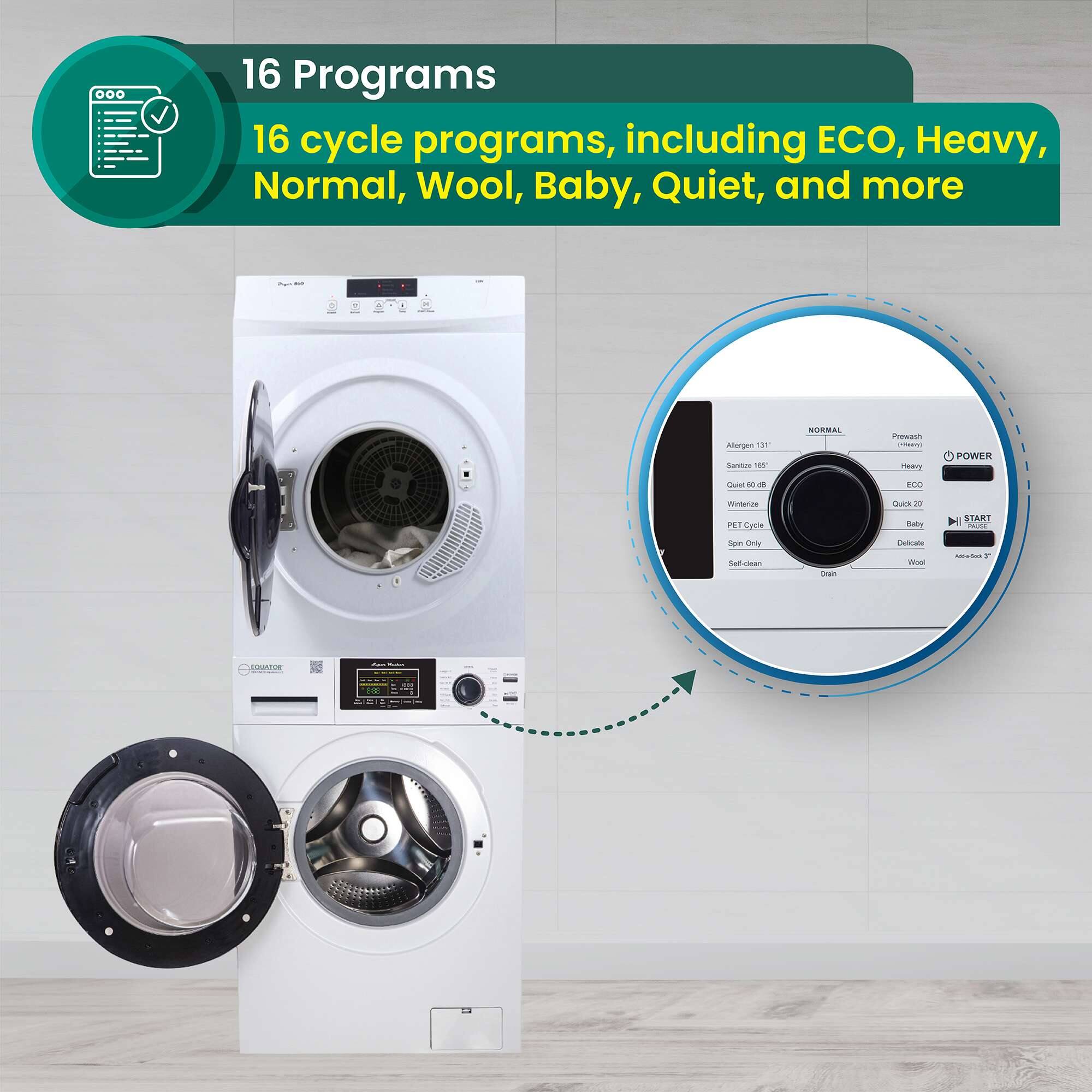 16 Programs  
16 cycle programs, including ECO, Heavy, Normal, Wool, Baby, Quiet, and more