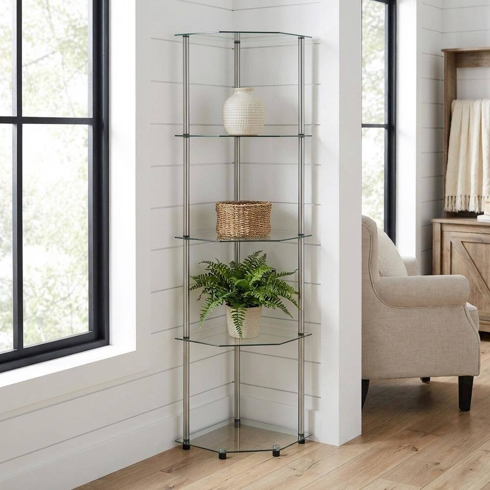 Alt View 2. FurniFact - Corner Tower Shelf, Gray Glass - Metallic.
