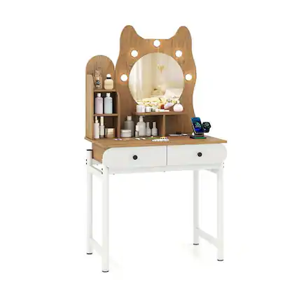 Front. Kadyn - Cute Kitty Vanity Desk - Small Size, Lighted Mirror, Power Outlets, Adorable Makeup Table - Natural - White.