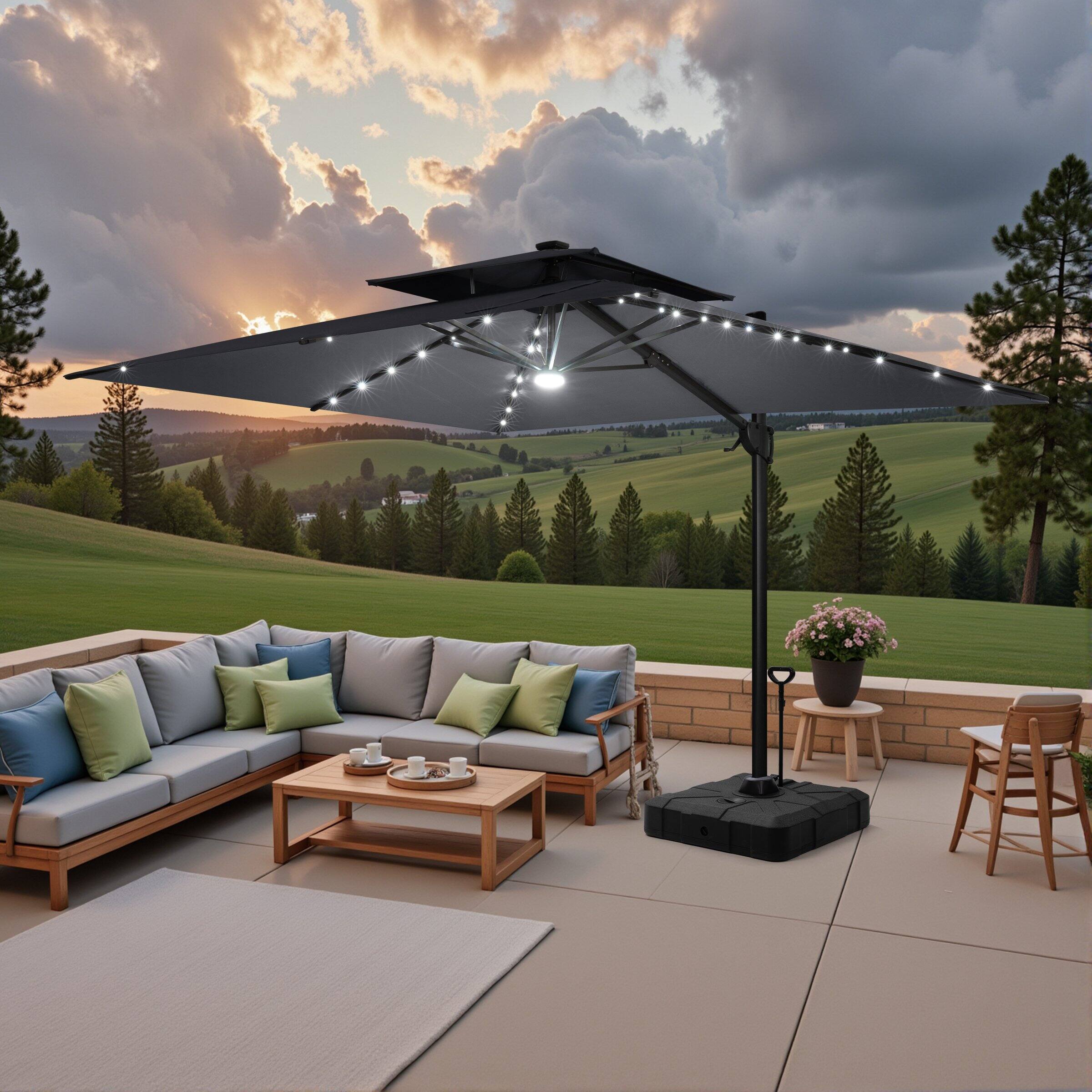 Back. Crestlive Products - Crestlive Products 11ft UPF50+ Aluminum Slide-tilt Cantilever Patio Umbrella with Light with 350lbs Pull rod Wheel Base - Dark gray.