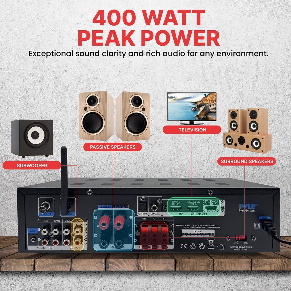 400 WATT PEAK POWER  
Exceptional sound clarity and rich audio for any environment.

- SUBWOOFER
- PASSIVE SPEAKERS
- TELEVISION
- SURROUND SPEAKERS

AUDIO INPUT  
- CD  
- DVD  
- LINE  
- SW  
- AUX  
- OPTICAL  
- HDMI  
- BLUETOOTH  

OUTPUT  
- R  
- L  
- C  
- SL  
- SR  

MODEL: PHDABT  
PYLE  
PyleUSA.com  

VOLTAGE CONVERSION  
220V  

CE  
110V  
220V  

WARNING:  
- Do not connect the speaker to the amplifier.  
- Do not connect the speaker to the amplifier.  
- Do not connect the speaker to the amplifier.  
- Do not connect the speaker to the amplifier.  
- Do not connect the speaker to the amplifier.  
- Do not connect the speaker to the amplifier.  
- Do not connect the speaker to the amplifier.  
- Do not connect the speaker to the amplifier.  
- Do not connect the speaker to the amplifier.  
- Do not connect the speaker to the amplifier.  
- Do not connect the speaker to the amplifier.  
- Do