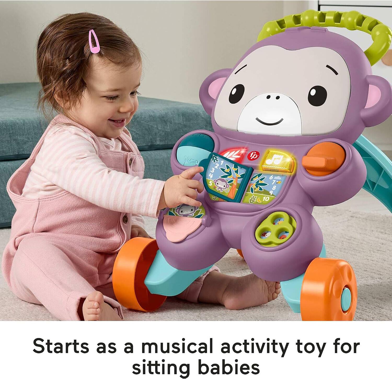 Starts as a musical activity toy for sitting babies