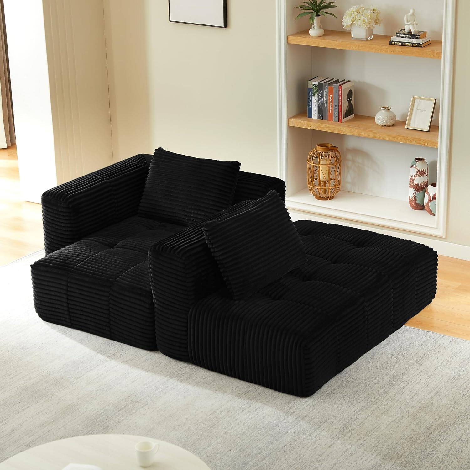 Alt View 4. Trinkets Crazed - 108" Corduroy Fluffy Modular Sectional Loveseat SofaDeep Seat Cloud Sectional Couch with Spring Cushions - black.