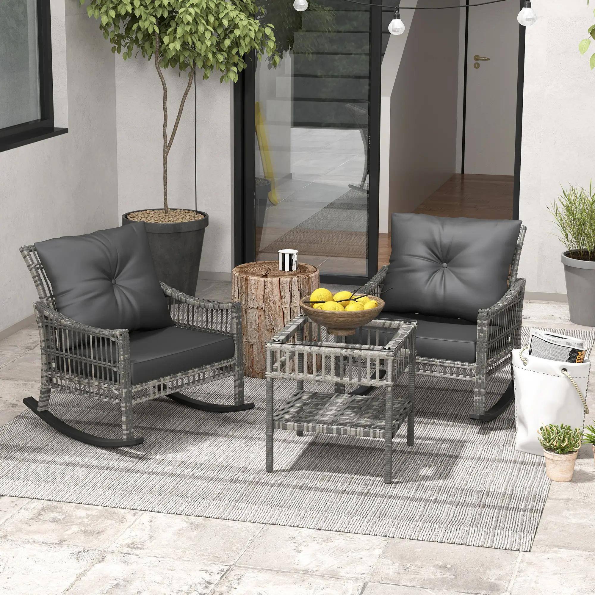 Left. Resenkos - Resenkos 3-Piece Patio Bistro Set, PE Rattan, Rocking Chair with Tempered Glass Table Top, Gray - Gray.