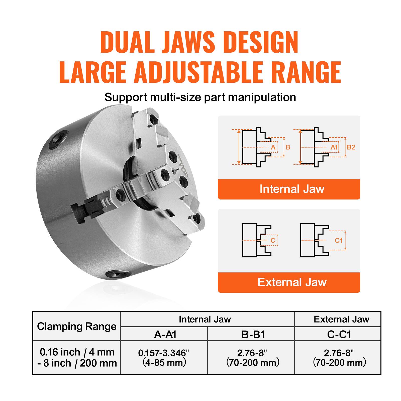 DUAL JAWS DESIGN LARGE ADJUSTABLE RANGE  
Support multi-size part manipulation  

Internal Jaw  
A-A1  
0.16 inch / 4 mm  
0.157-3.346" (4-85 mm)  

B-B1  
2.76-8" (70-200 mm)  

External Jaw  
C-C1  
2.76-8" (70-200 mm)