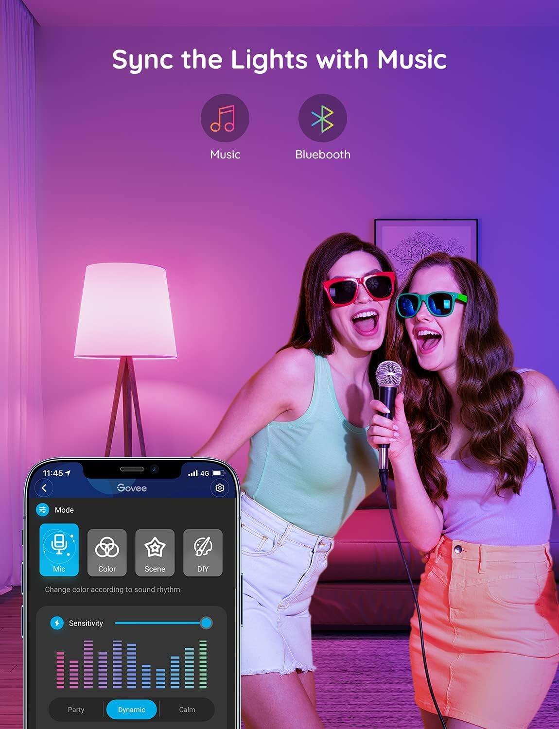 Sync the Lights with Music

Music Bluetooth

Govee

Mode
- Mic
- Color
- Scene
- DIY

Change color according to sound rhythm

Sensitivity

Party Dynamic Calm