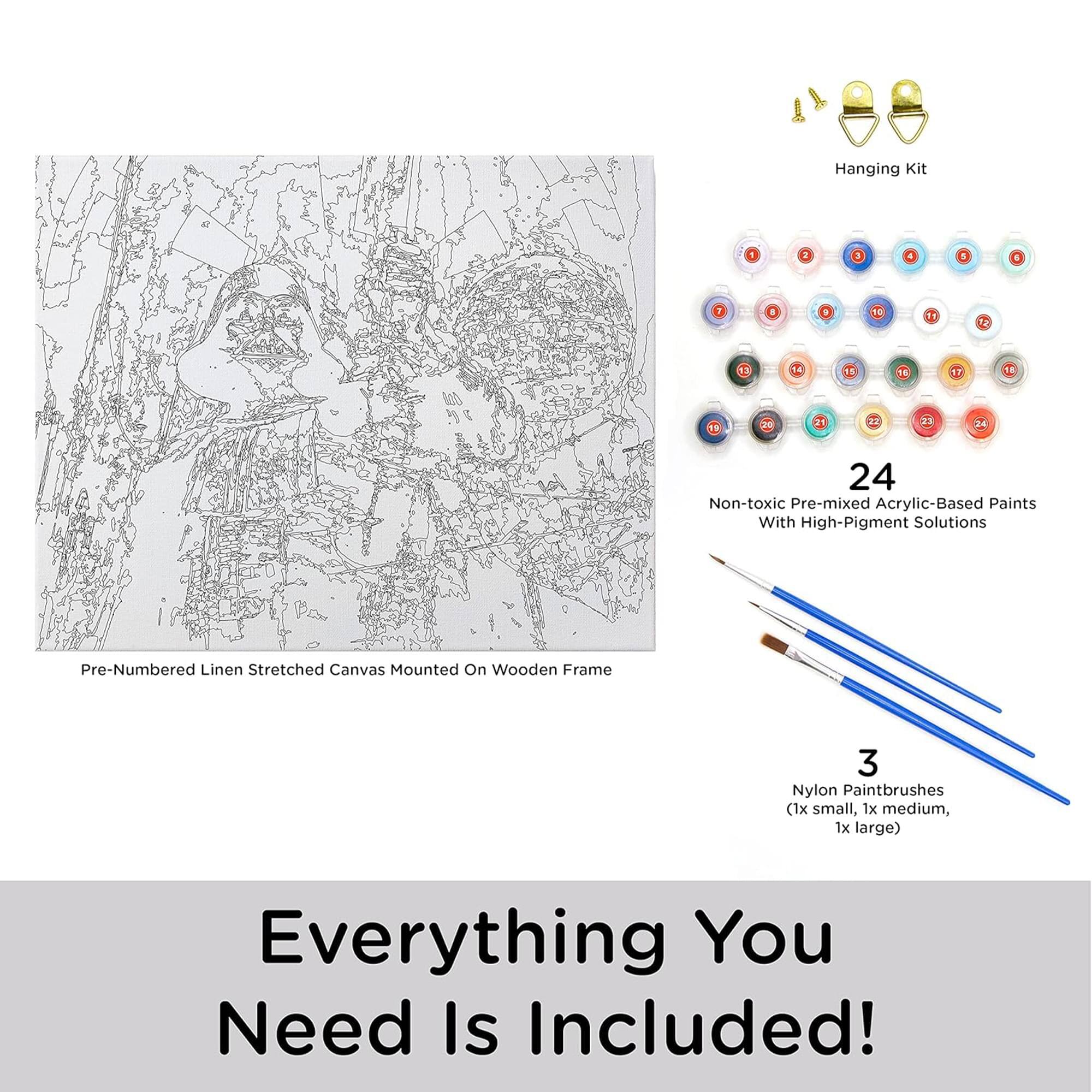 Hanging Kit

1 Pre-Numbered Linen Stretched Canvas Mounted On Wooden Frame

24 Non-toxic Pre-mixed Acrylic-Based Paints With High-Pigment Solutions

3 Nylon Paintbrushes (1x small, 1x medium, 1x large)

Everything You Need Is Included!