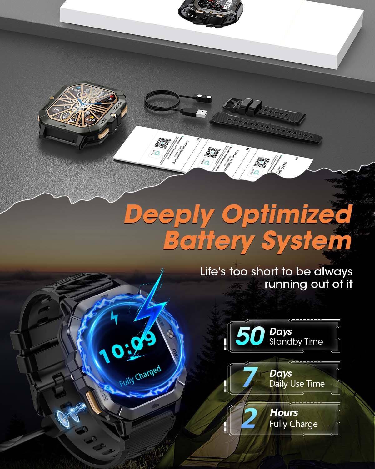 Deeply Optimized Battery System  
Life's too short to be always running out of it  

10:09  
Fully Charged  

50 Days Standby Time  
7 Days Daily Use Time  
2 Hours Fully Charge