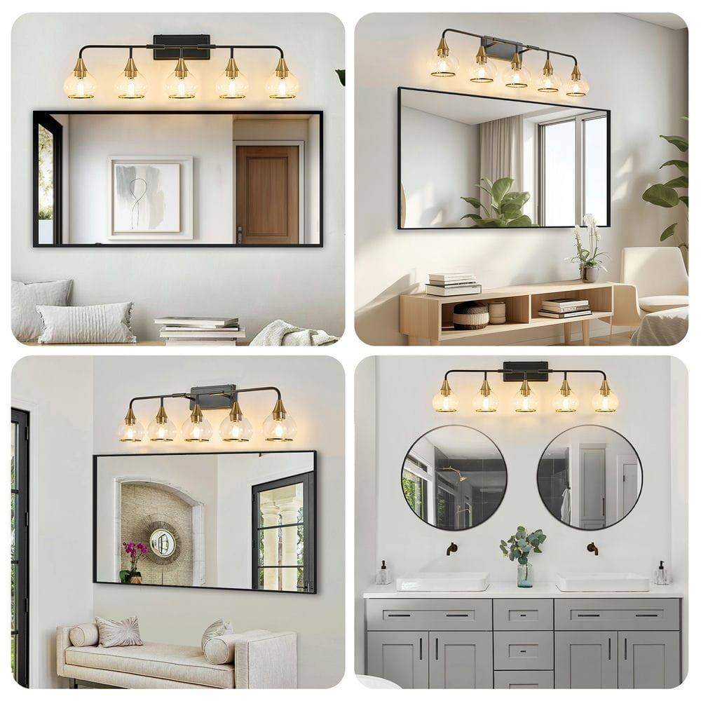 Alt View 4. Kadyn - 40" Modern 5-Light Vanity Wall Sconce - Black and Gold Bathroom Light Fixture with Clear Glass Shades, Black Gold - Gold.
