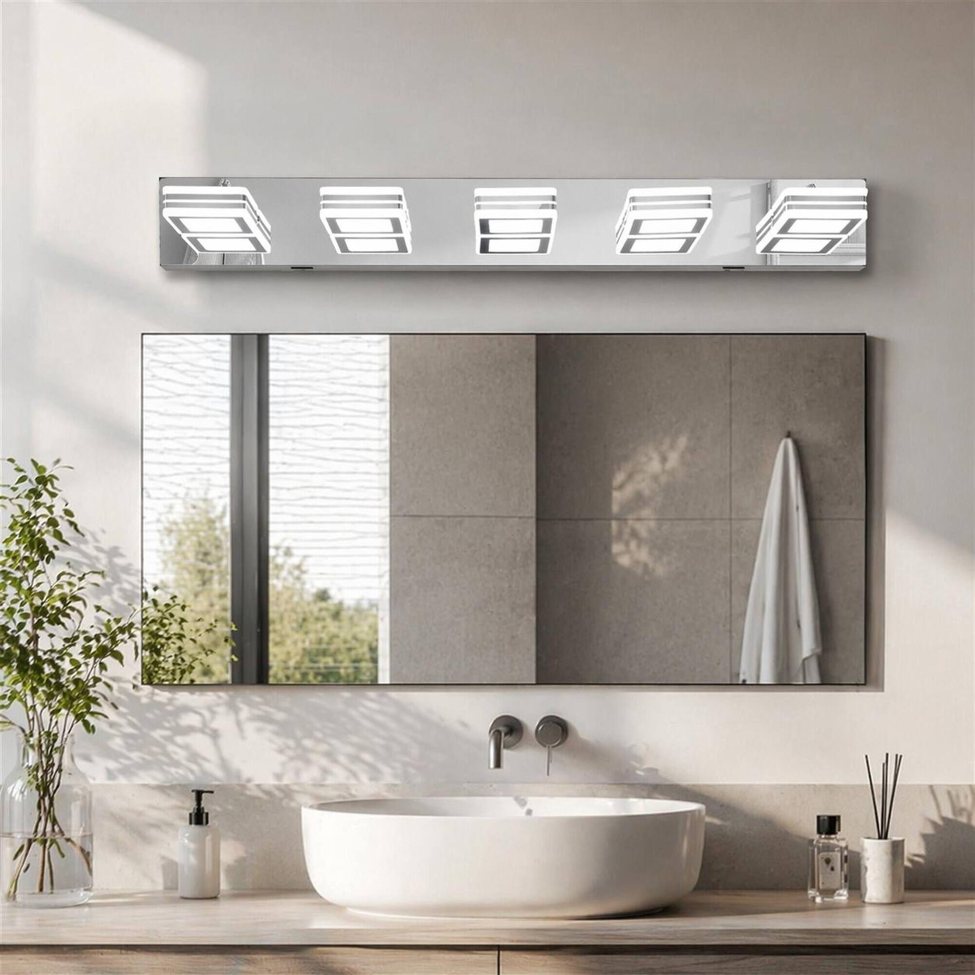Back. RYHNUYNE - 32" Modern Chrome 5‑Light LED Vanity Light,Square Acrylic Shade Wall Mount Bathroom Vanity Light Fixture - Chrome.