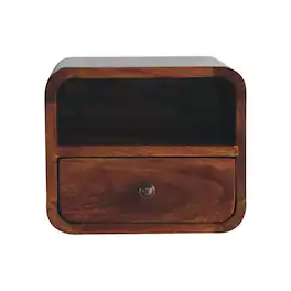 Artisan Furniture - Solid Wood Extra Mini Wall Mounted Curved Chestnut Bedside with Open Slot, 1 Drawer - Dark Brown