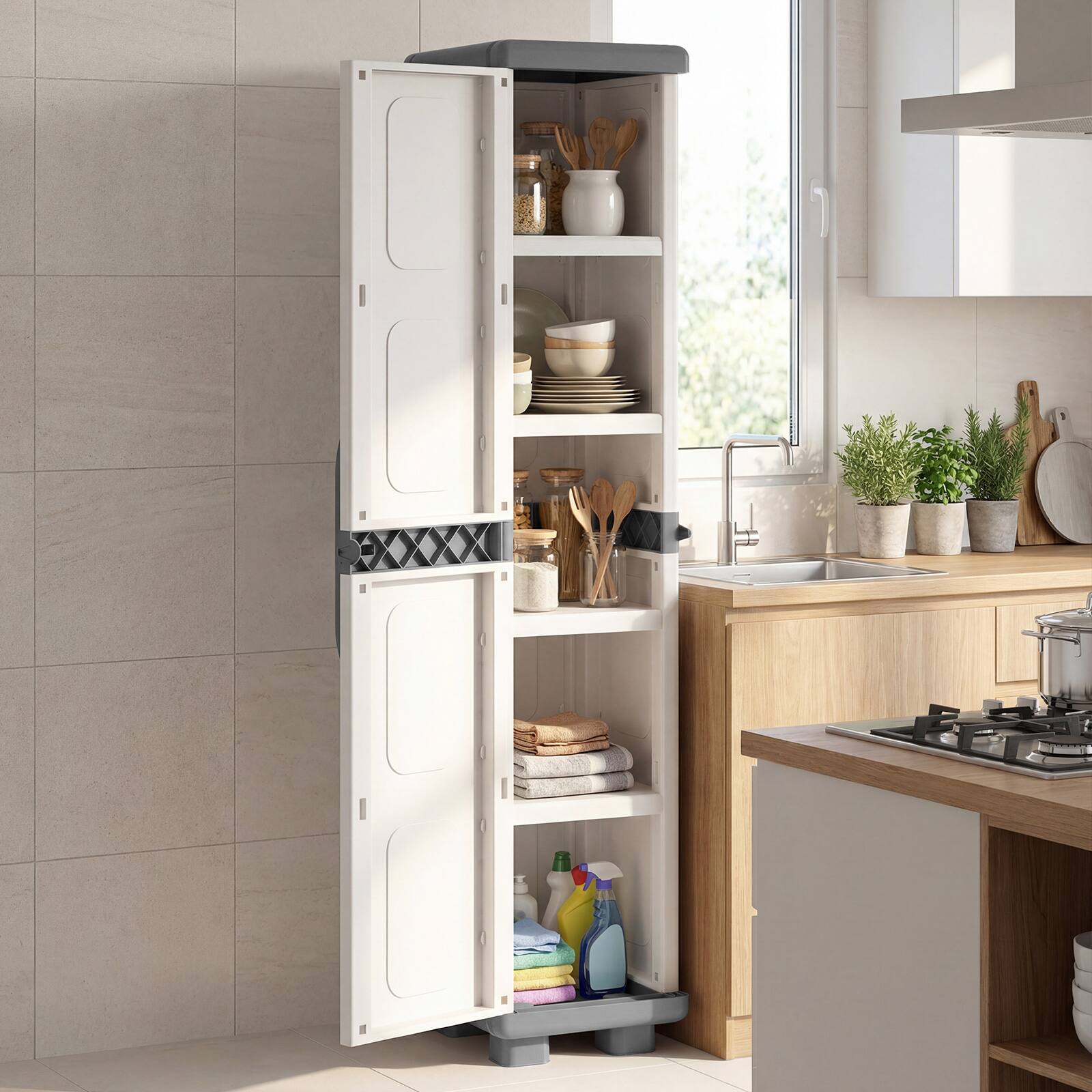 Alt View 1. Costway - Costway Slim Storage Cabinet with Single Door, Plastic Kitchen Pantry with 4 Shelves - Gray and White.