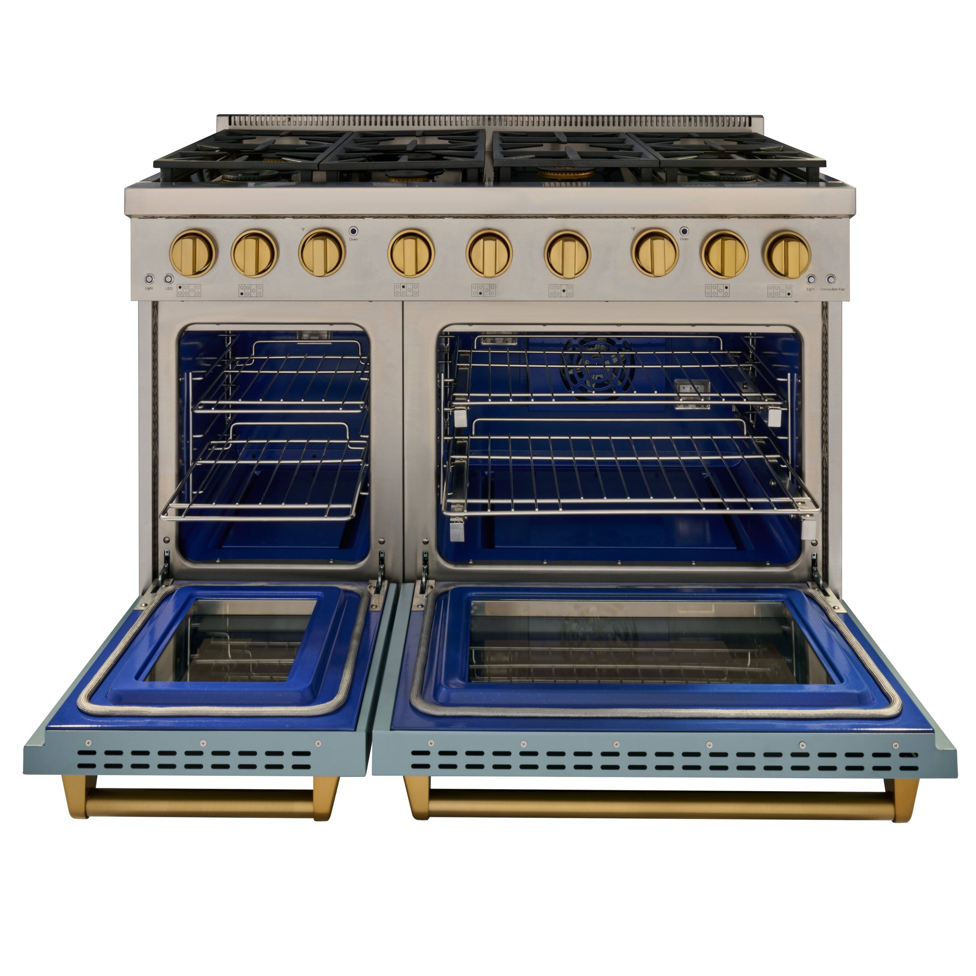 Alt View 1. Kucht - 48 in. 6.7 cu. ft. Natural Gas Range Two Ovens - One Convection - in Light Blue with gold knobs and True Simmer Burners - Light Blue.