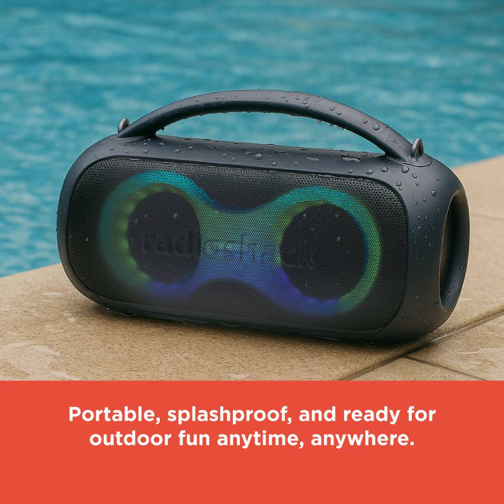 Portable, splashproof, and ready for outdoor fun anytime, anywhere.