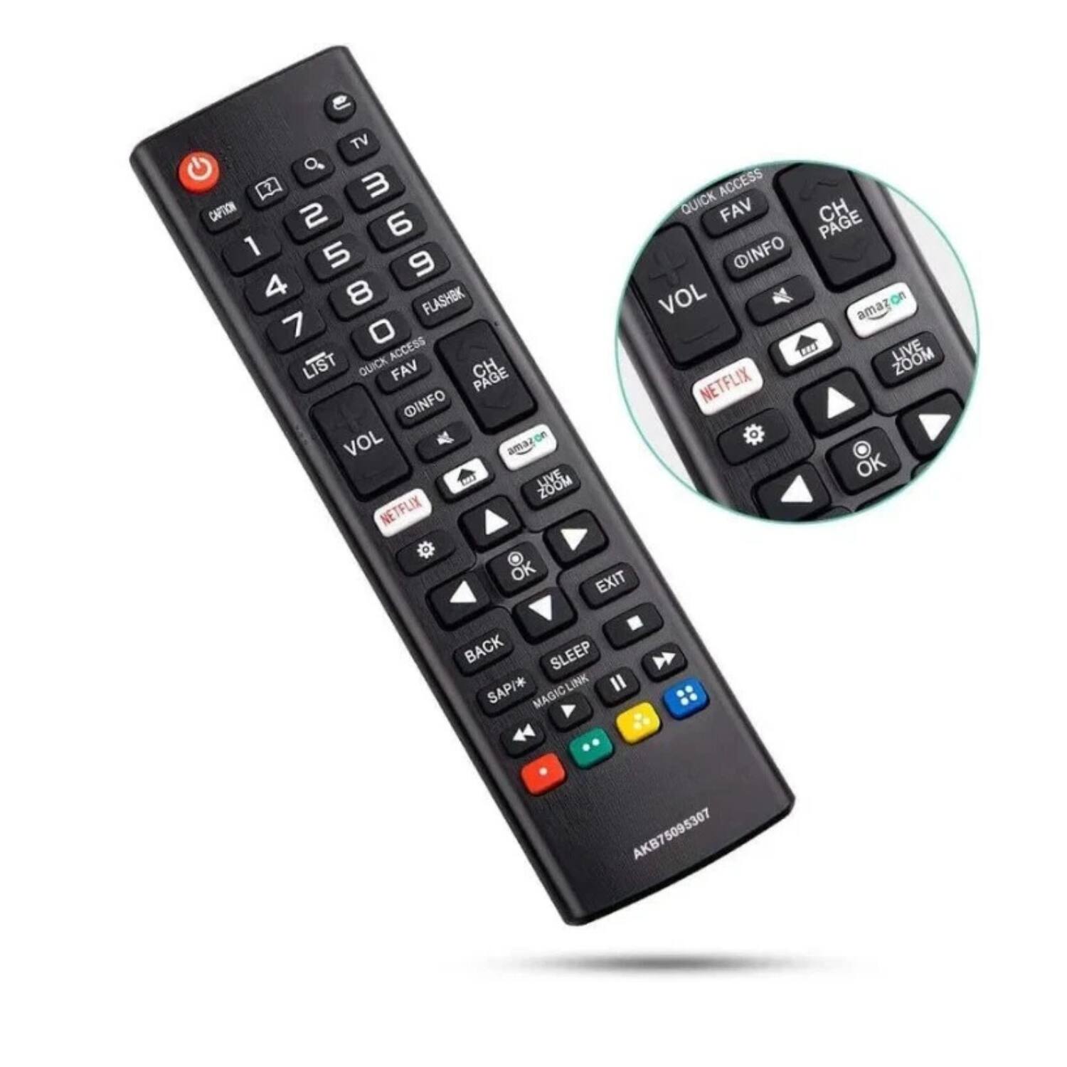 Sure, here is the corrected and grouped text from the image:

**Main Section:**
- TV
- 1 2 3
- 4 5 6
- 7 8 9
- 0
- CAPTION
- FLASHBK
- LIST
- QUICK ACCESS
- FAV
- CH PAGE
- INFO
- VOL
- NETFLIX
- BACK
- SLEEP
- SAP/*
- MAGIC LINK
- AKB75095307

**Zoom Section:**
- QUICK ACCESS
- FAV
- INFO
- VOL
- NETFLIX
- amazon
- LIVE ZOOM
- OK
- EXIT
- SLEEP
- MAGIC LINK
- AKB75095307