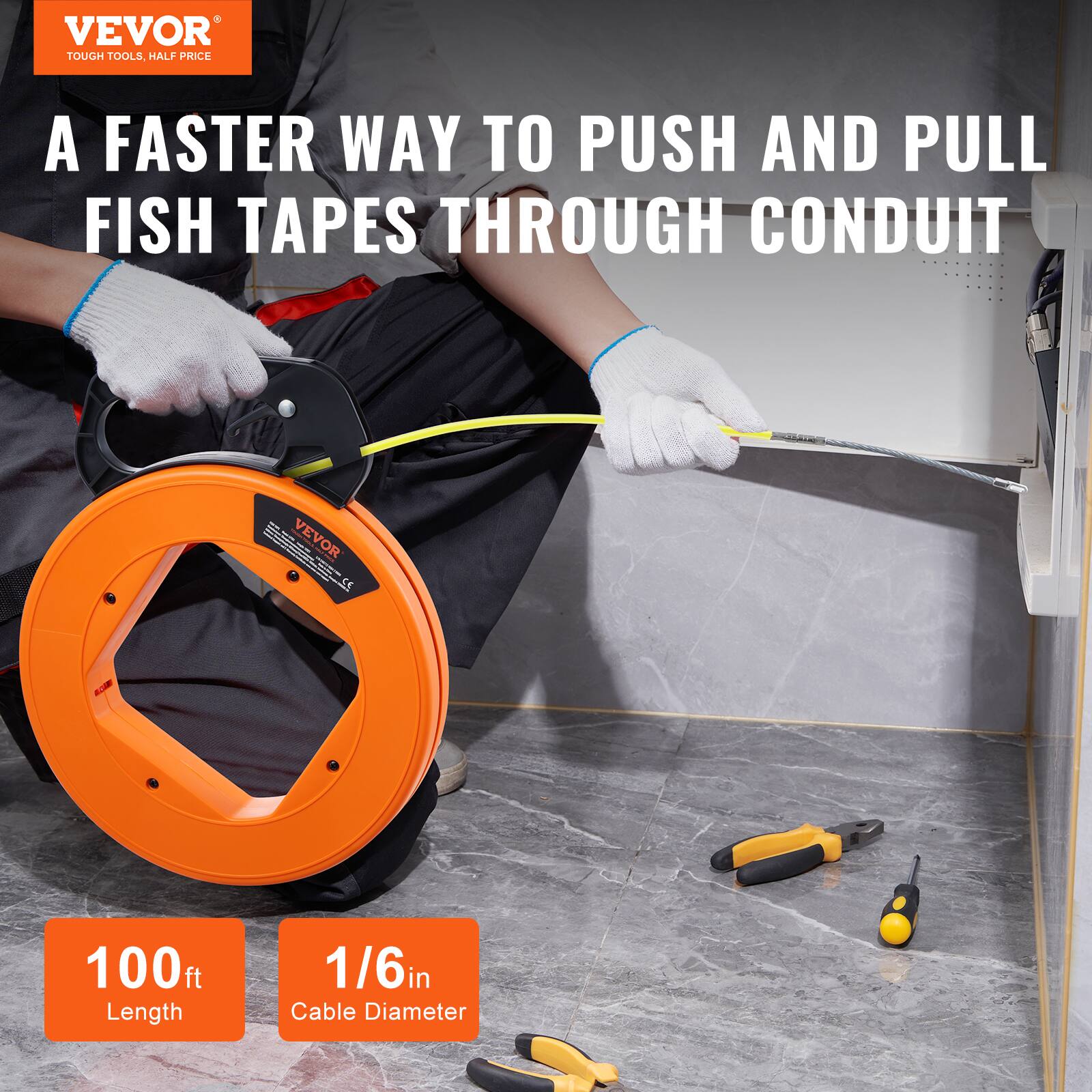VEVOR  
TOUGH TOOLS, HALF PRICE  

A FASTER WAY TO PUSH AND PULL FISH TAPES THROUGH CONDUIT  

100 ft  
Length  

1/6 in  
Cable Diameter