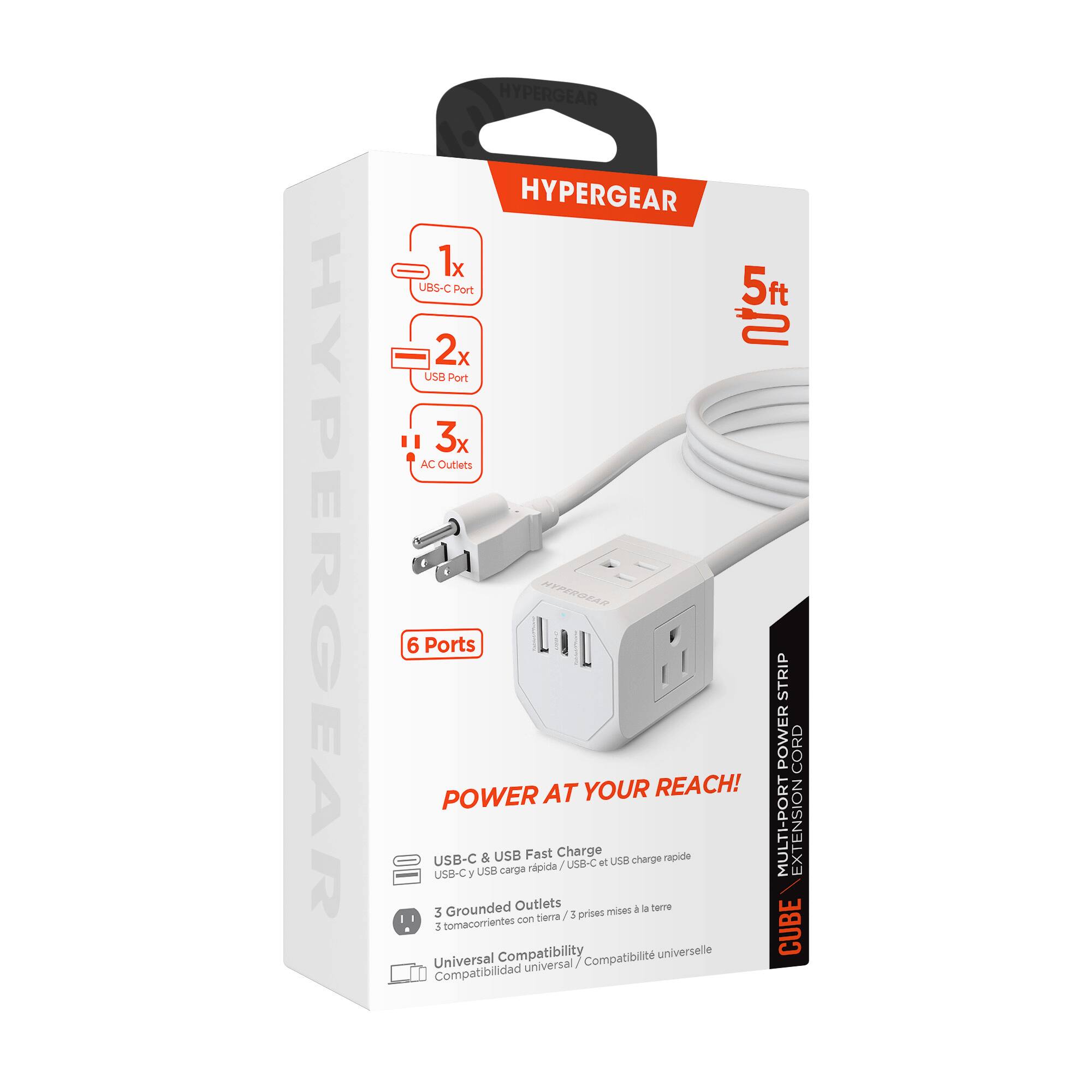 HYPERGEAR HYPERGEAR HYPERGEAR 1x USB-C Port 5ft 2x USB Port 3x AC Outlets ARVH 6 Ports STRIP POWER CORD POWER AT YOUR REACH! USB-C USB-C y US & USB carpe Fast rpida Charge USB-C et USB charge rapide MULTI-PORT EXTENSION Grounded Outlets mises  a terre 3 niera /S 1 prisec tomacomientes con a CUBE Compatibility Compatibilit universelle Universal universal Compatibilidad