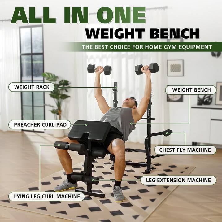 ALL IN ONE WEIGHT BENCH
THE BEST CHOICE FOR HOME GYM EQUIPMENT
WEIGHT RACK
WEIGHT BENCH
PREACHER CURL PAD
CHEST FLY MACHINE
LEG EXTENSION MACHINE
LYING LEG CURL MACHINE