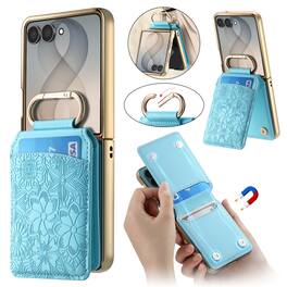 Dteck - Shockproof Leather Wallet Phone Case for Samsung Galaxy Z Flip8 with Ring Clasp, Rigid Plastic Floral Flip Stand Cover - Blue
