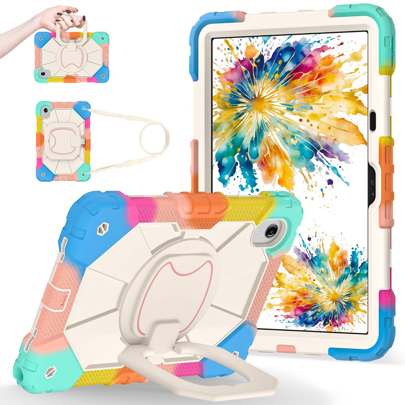 Angle. UUCOVER - Shockproof Case for Lenovo Idea Tab 11 inch (TB336) 2025 /K11 Gen 2 360° Rotating Stand Hand Grip Cover+Shoulder Strap - Colorful.