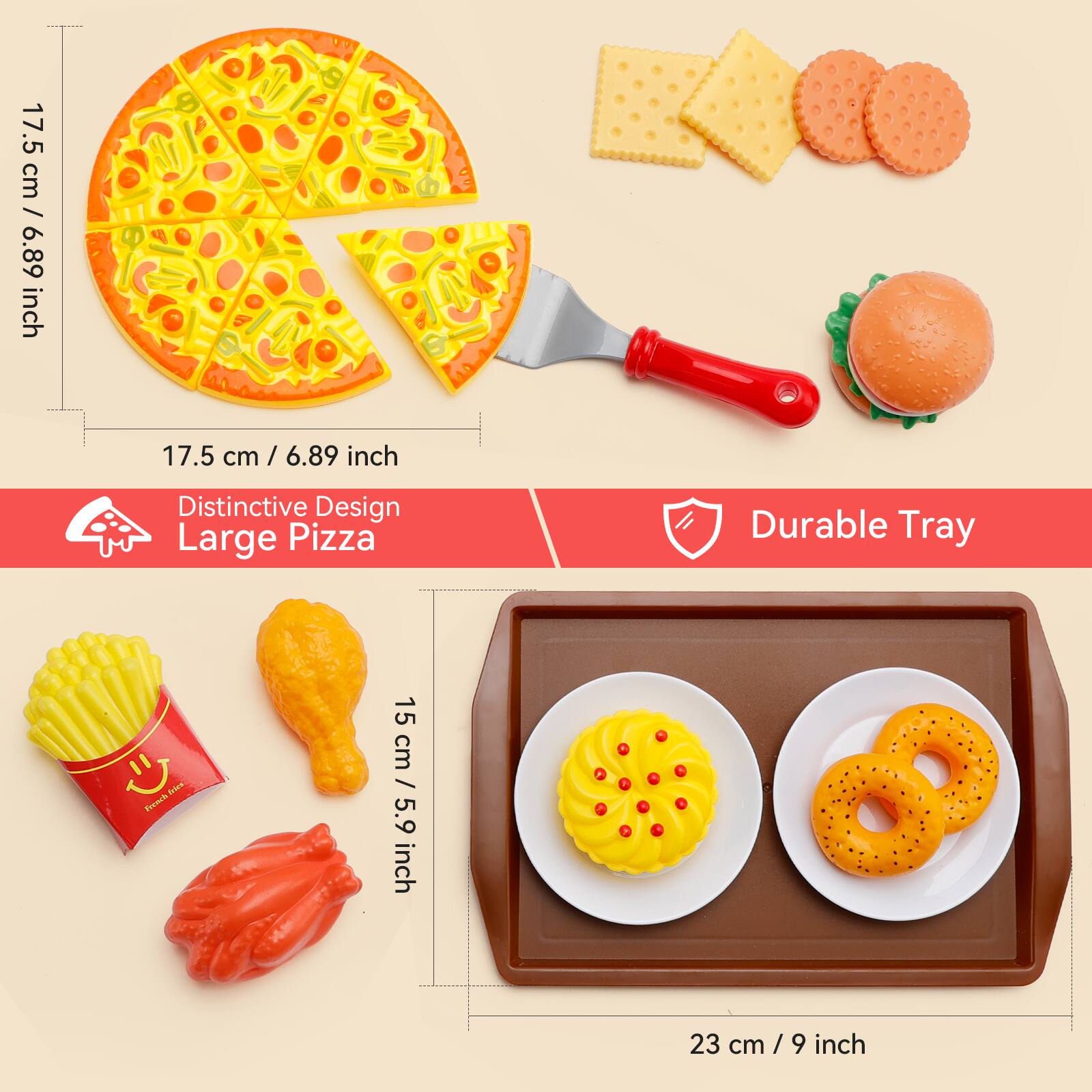 - 17.5 cm / 6.89 inch  
Distinctive Design Large Pizza  

- 15 cm / 5.9 inch  
Durable Tray  

- 23 cm / 9 inch