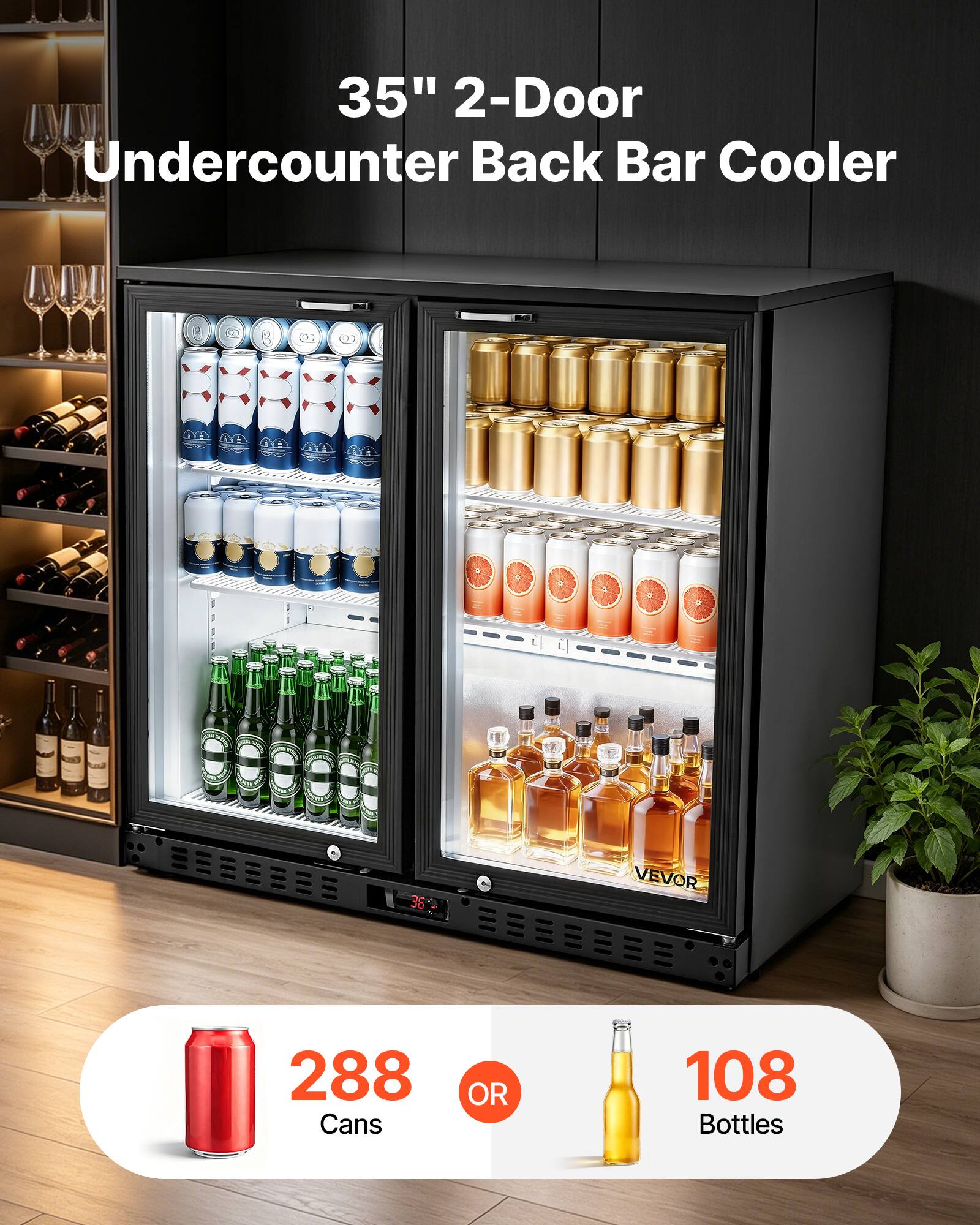 35" 2-Door Undercounter Back Bar Cooler  
36" VEVOR  
288 Cans OR 108 Bottles