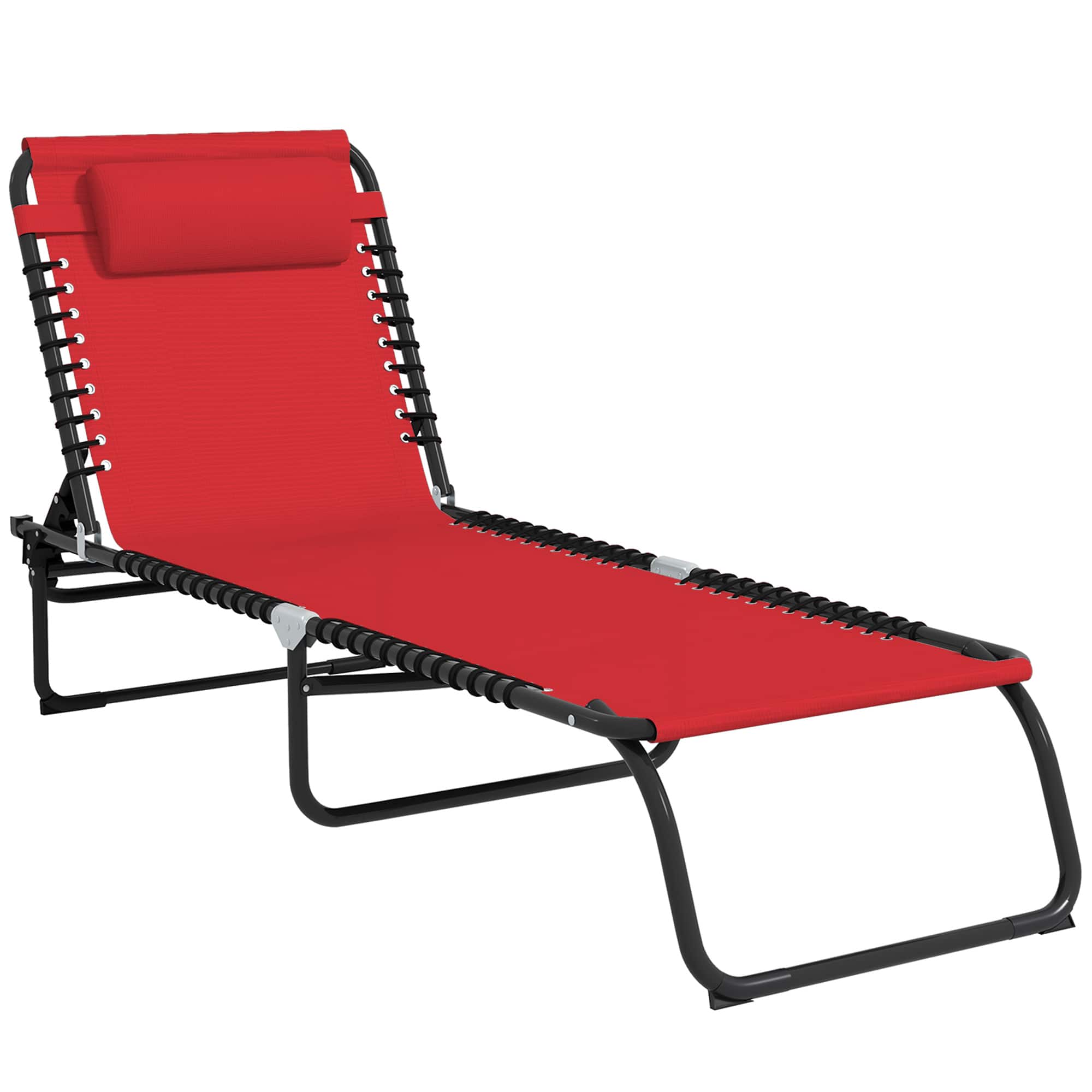Outsunny - Chaise Lounge Pool Chair with 4-Position Reclining Back, Pillow, Breathable Mesh & Bungee Seat - Wine Red