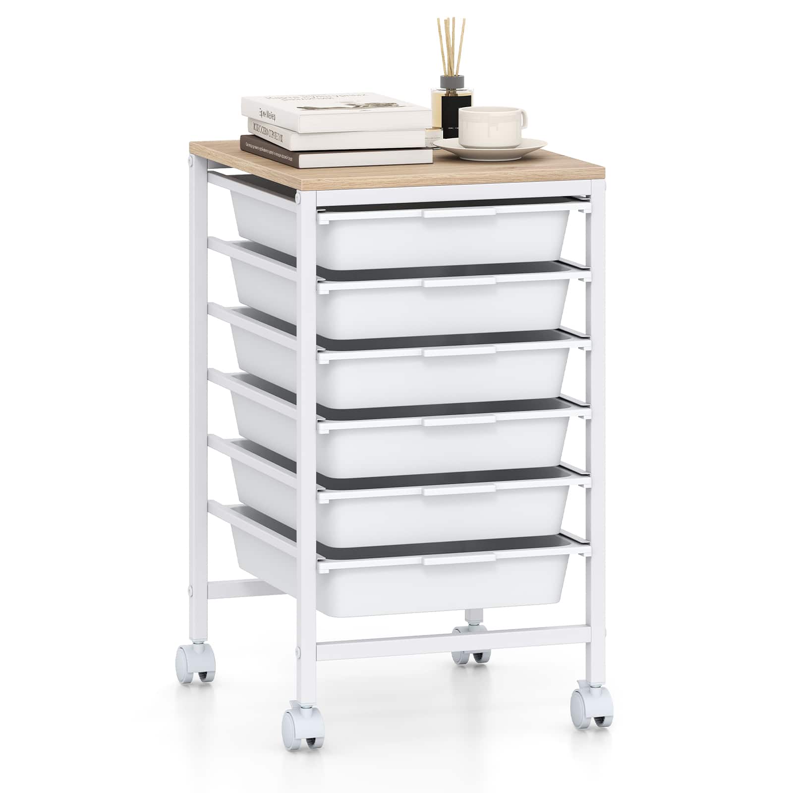Costway - 6-Drawer Arts Rolling Storage Cart with Wooden Tabletop & Lockable Wheels for Office - Natural + White