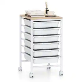 Costway - 6-Drawer Arts Rolling Storage Cart with Wooden Tabletop & Lockable Wheels for Office - Natural + White