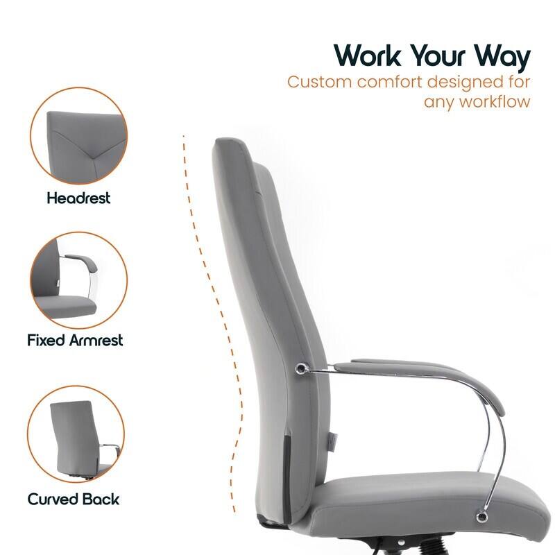 Work Your Way  
Custom comfort designed for any workflow  

- Headrest  
- Fixed Armrest  
- Curved Back