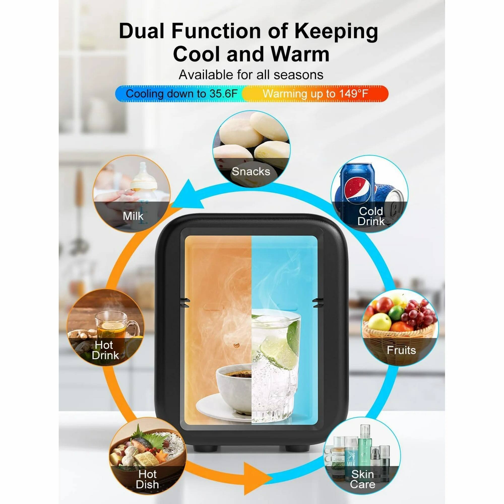 Dual Function of Keeping Cool and Warm  
Available for all seasons  

Cooling down to 35.6°F  
Warming up to 149°F  

- Snacks  
- Cold Drink  
- Fruits  
- Skin Care  
- Hot Drink  
- Hot Dish  
- Milk