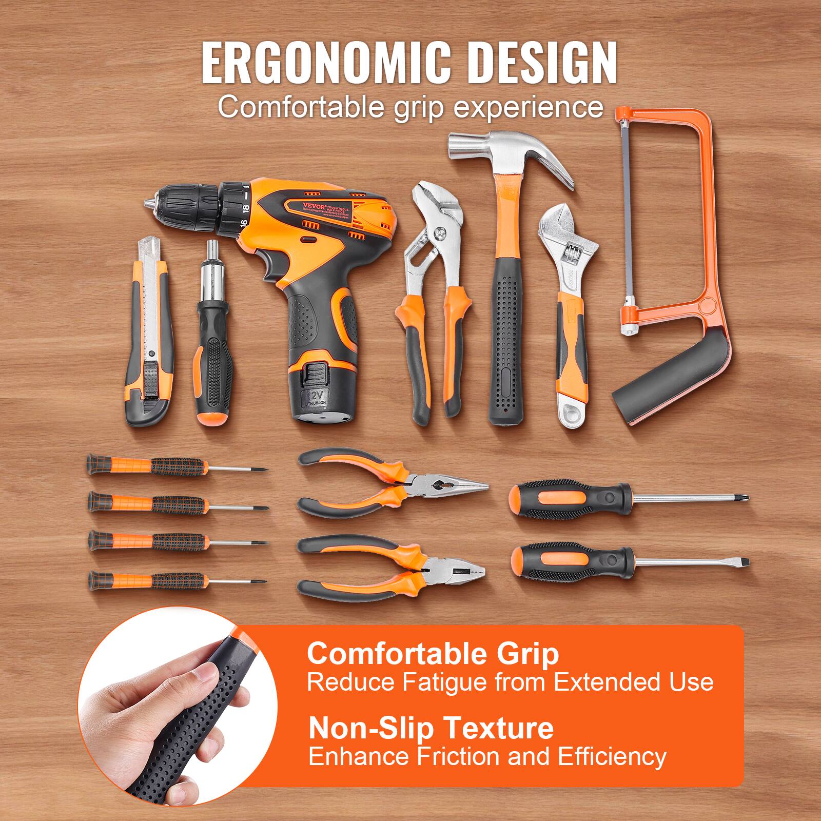 ERGONOMIC DESIGN  
Comfortable grip experience  

Comfortable Grip  
Reduce Fatigue from Extended Use  

Non-Slip Texture  
Enhance Friction and Efficiency