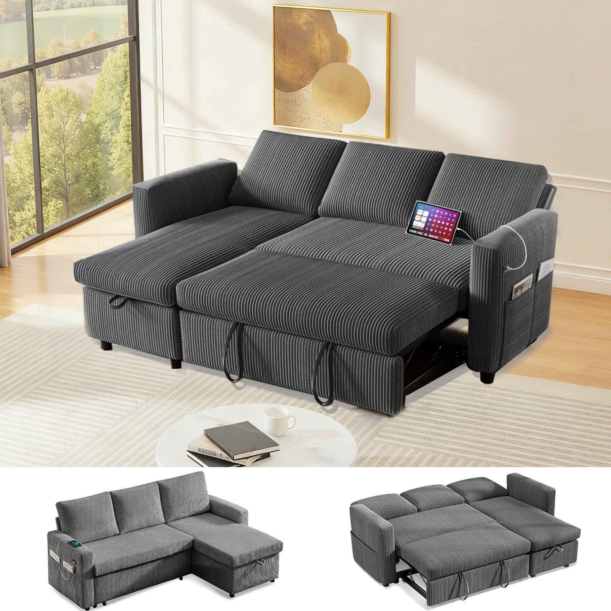 Front. Dyonery - Dyonery 81" Sleeper Sofa Bed with Pull Out Bed L Shaped Couch Sectional Sleeper Sofa Dark Gray - Gray.