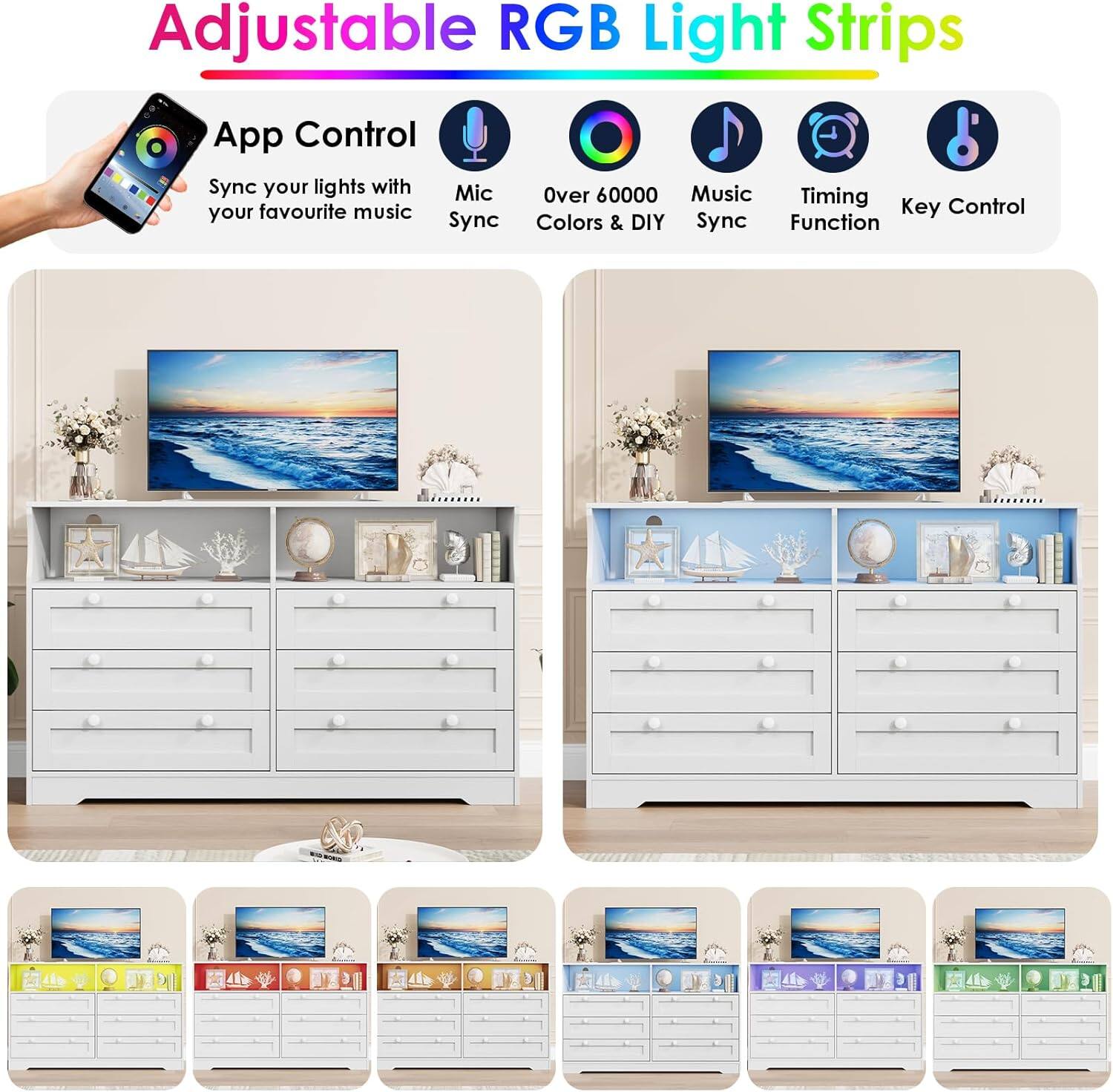 Adjustable RGB Light Strips

App Control  
Sync your lights with your favourite music

Mic Sync

Over 60000 Colors & DIY

Music Sync

Timing Function

Key Control