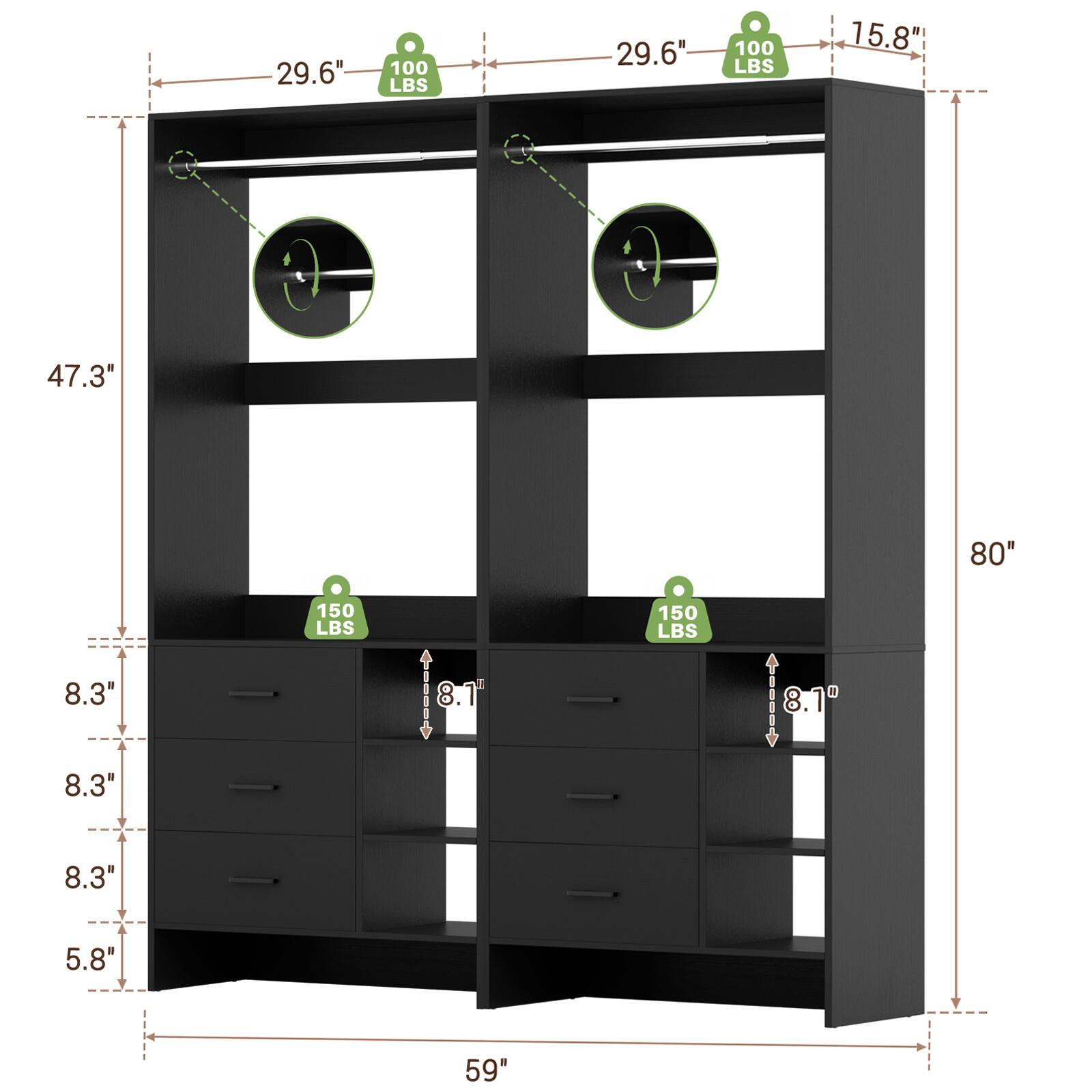 29.6" 100 LBS  
29.6" 100 LBS  
15.8"  
47.3"  
80"  
8.3"  
8.3"  
150 LBS  
8.1"  
8.3"  
5.8"  
59"