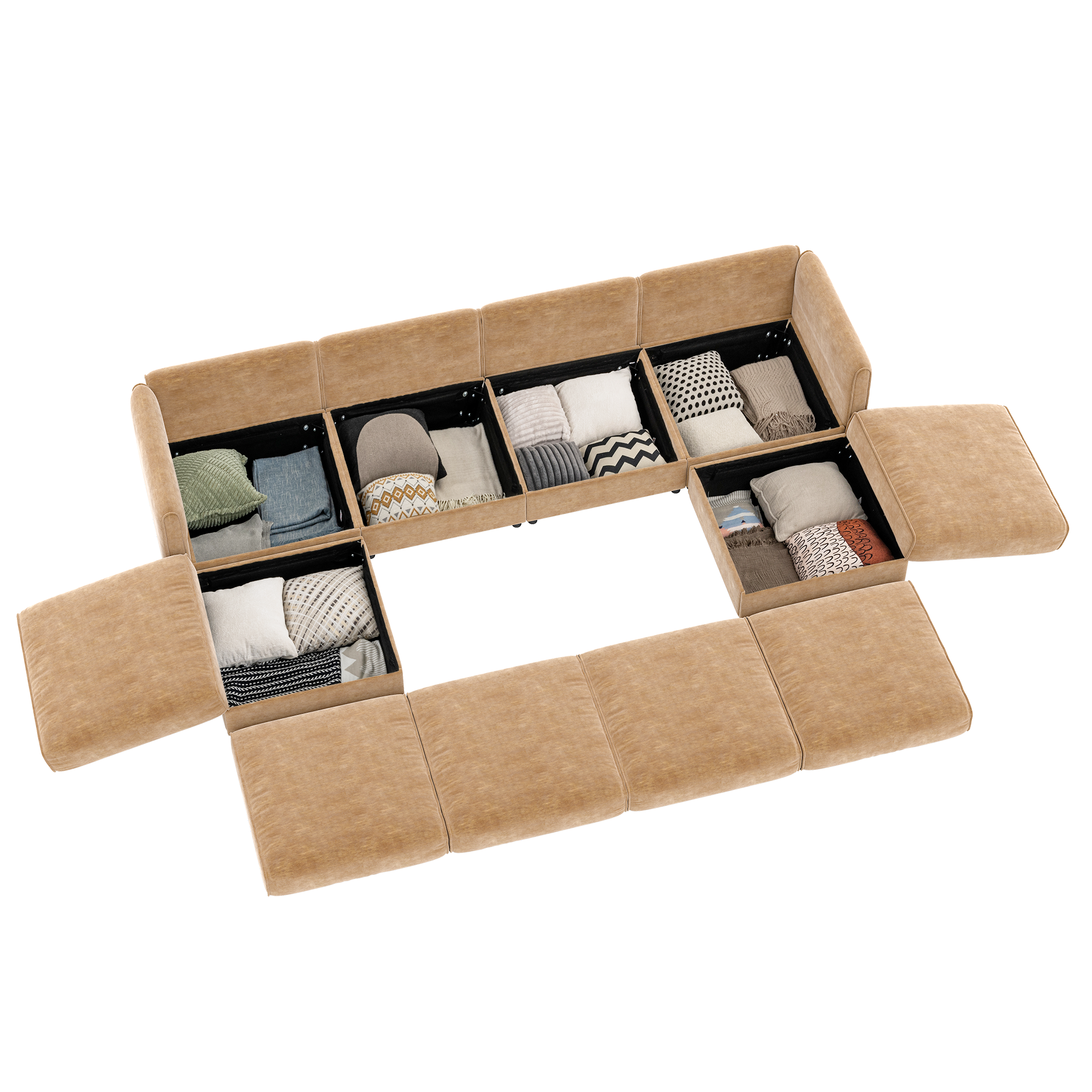 Left. Anysun - U-Shape Modular Sectional Sofa with Storage Ottoman - Deep Seat, Cylindrical Backrest & Armrests, Convertible Design - Camel.