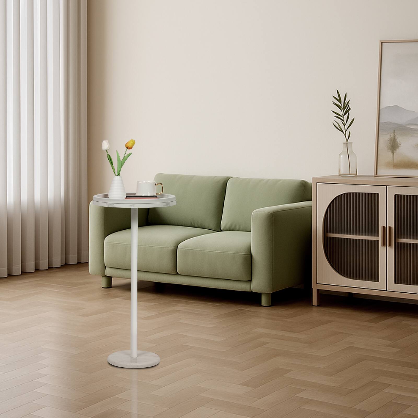 Alt View 1. Oumilen - White Marble Round Side Table with Raised Edge - White.