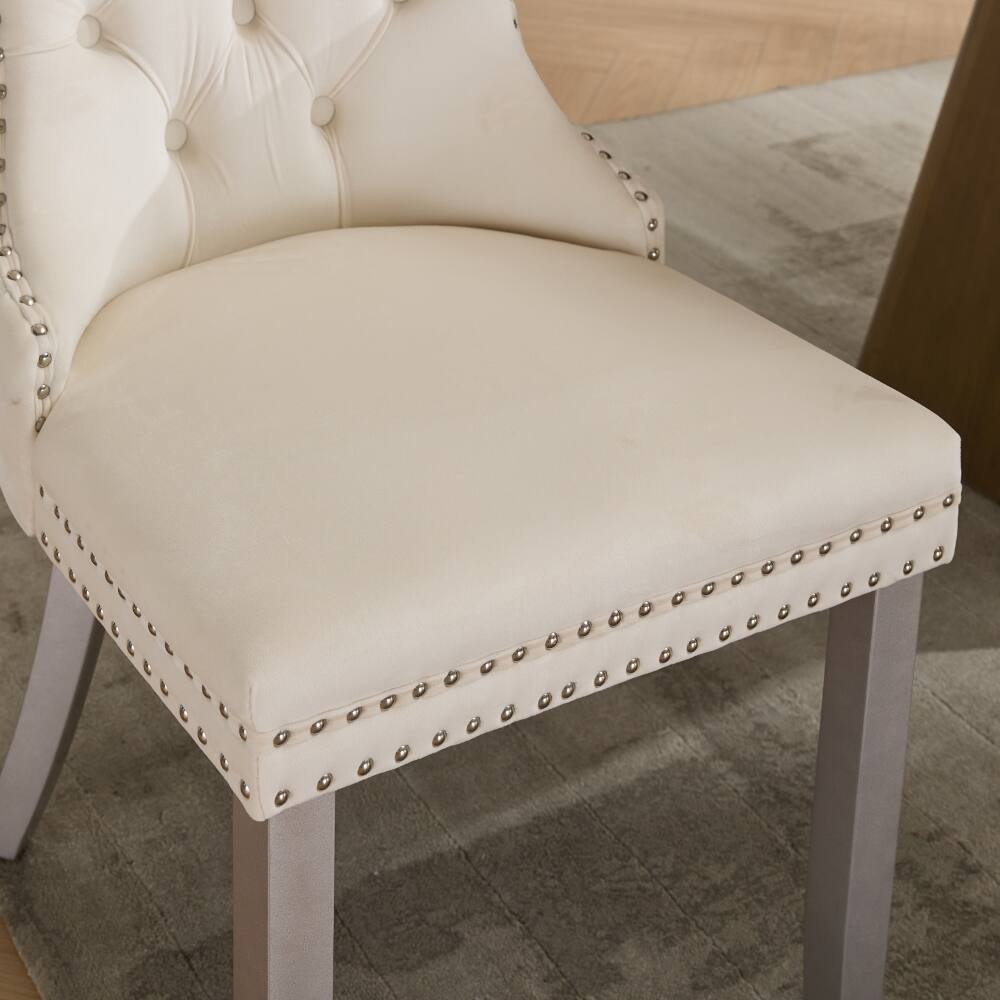 Alt View 6. Loheer - Loheer Velvet Dining Chairs Set of 2 Tufted Solid Wood Mid-Century Modern Upholstered Milky White - Milky White.