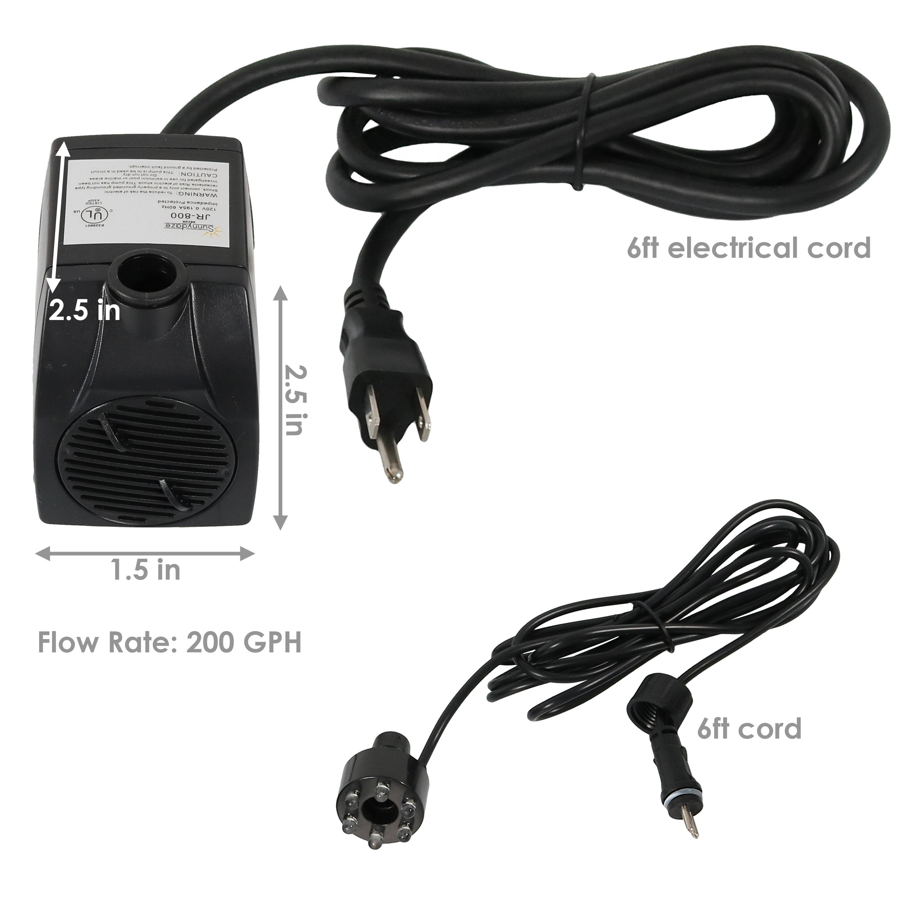 - 2.5 in
- 2.5 in
- 1.5 in
- Flow Rate: 200 GPH
- 6ft electrical cord
- 6ft cord