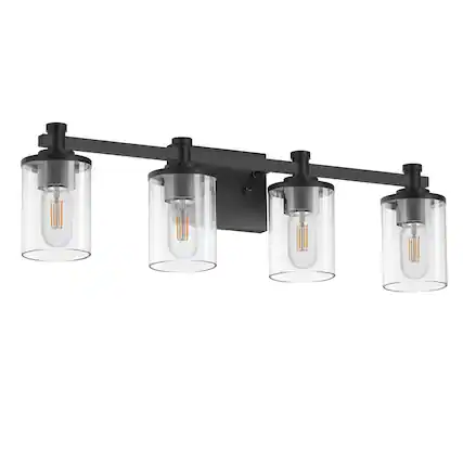 Front. Jandcase - 28 in. 4-Light Matte Black Industrial Modern Cylinder Vanity Light for Bathroom with Clear Glass Shades.
