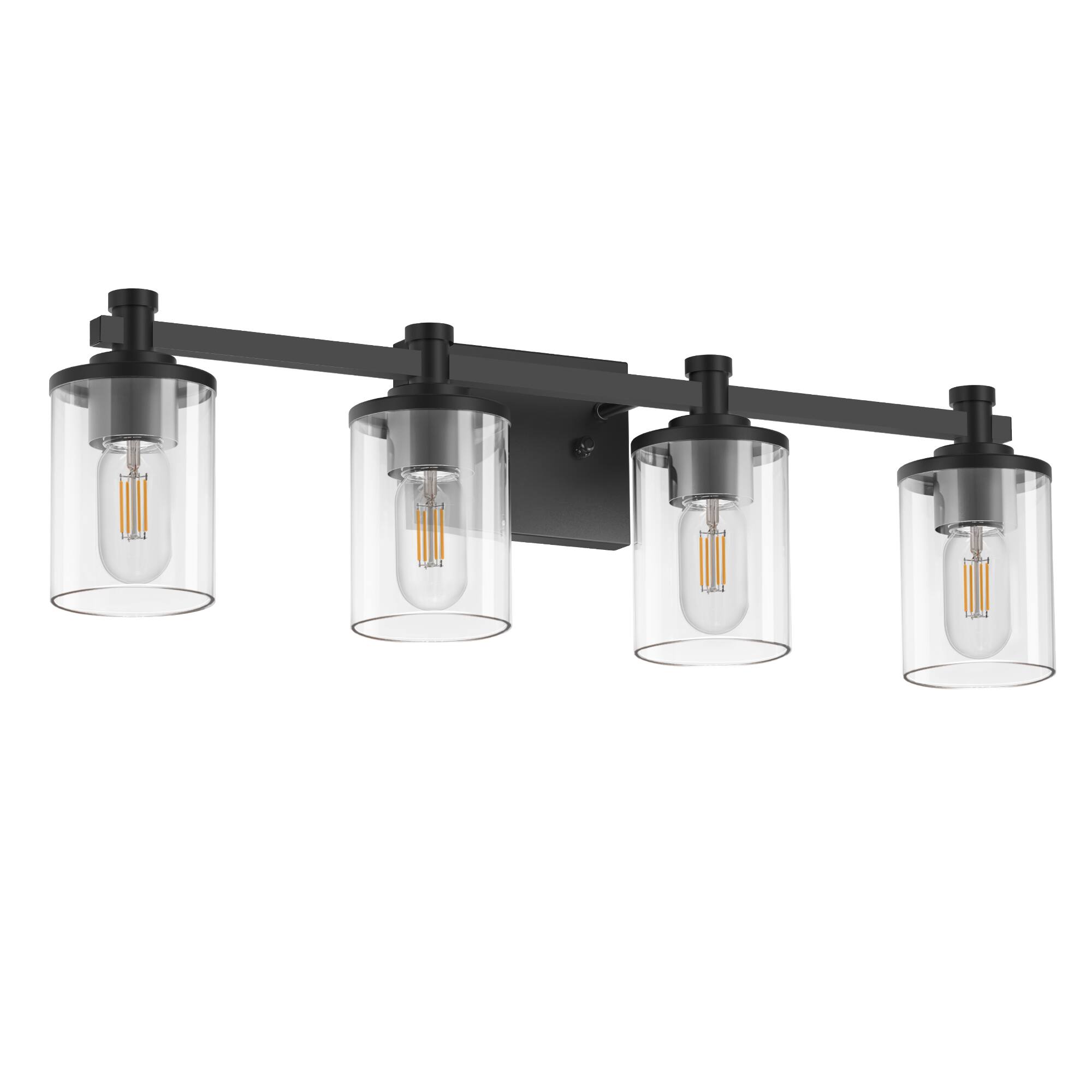 Front. Jandcase - 28 in. 4-Light Matte Black Industrial Modern Cylinder Vanity Light for Bathroom with Clear Glass Shades.