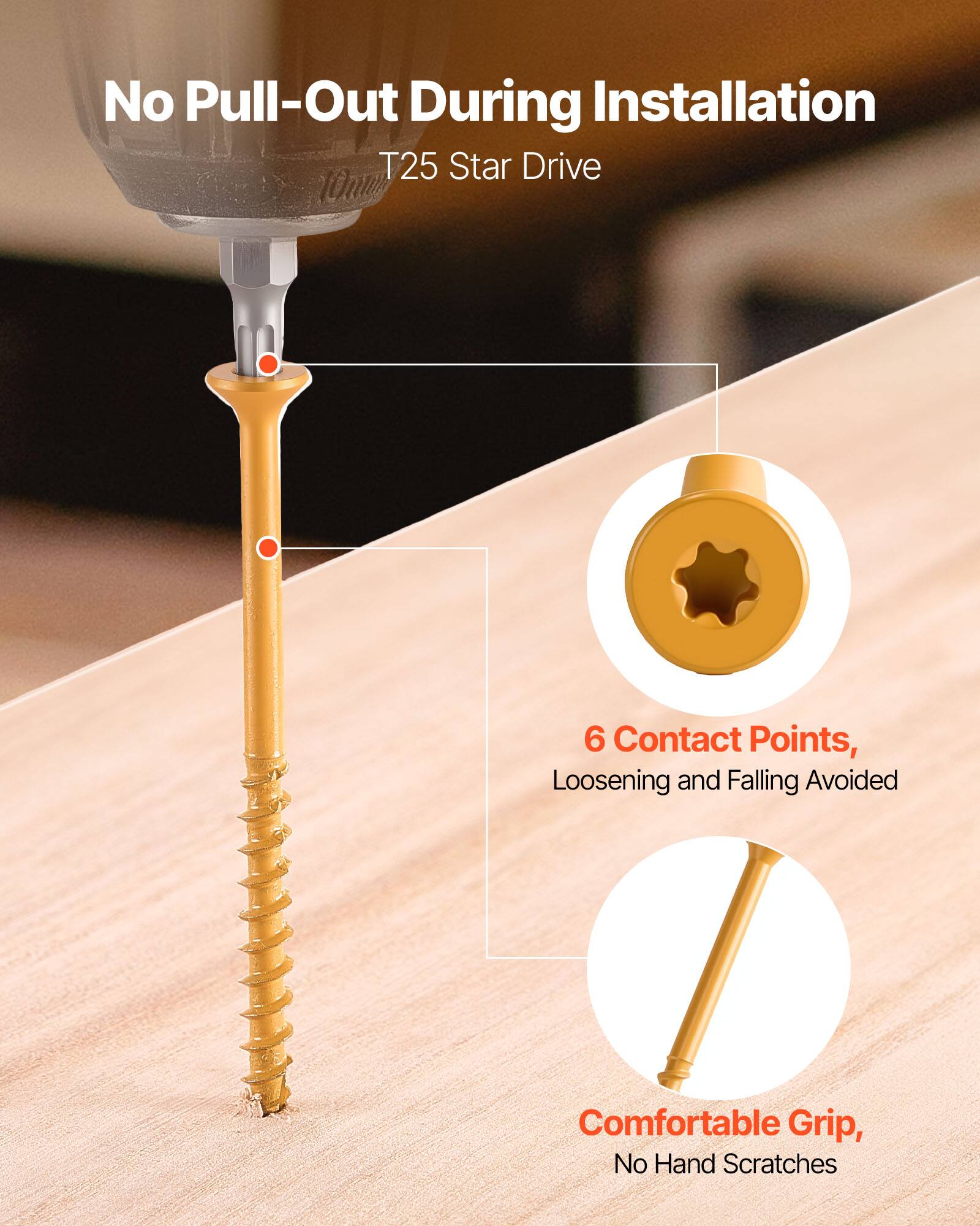 No Pull-Out During Installation  
T25 Star Drive  
6 Contact Points, Loosening and Falling Avoided  
Comfortable Grip, No Hand Scratches