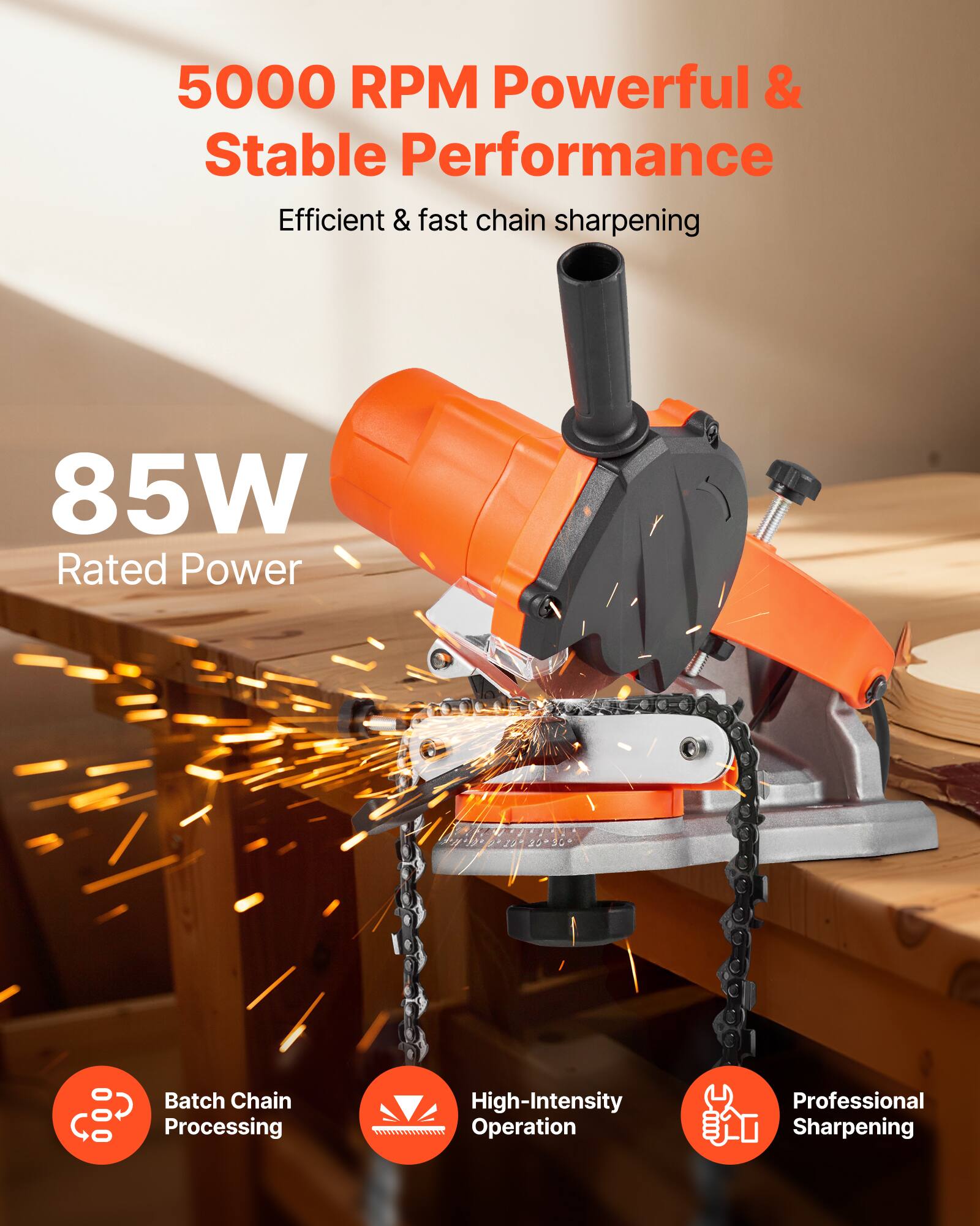5000 RPM Powerful & Stable Performance  
Efficient & fast chain sharpening  

85W Rated Power  

Batch Chain Processing  
High-Intensity Operation  
Professional Sharpening